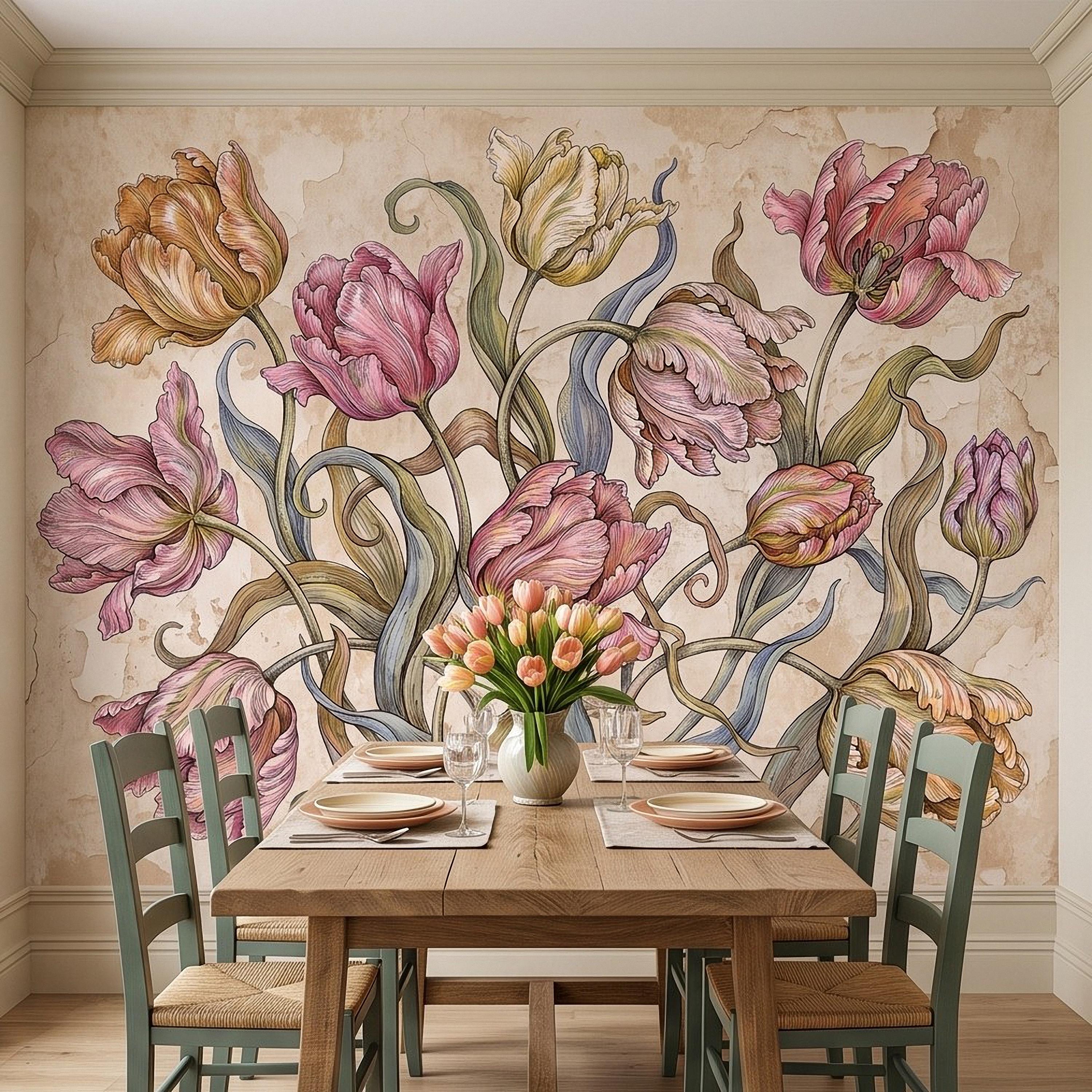 Vintage Parrot Tulip Peel and Stick Wall Mural, Antique Botanical Floral Hand Drawn Distressed Plaster Wallpaper