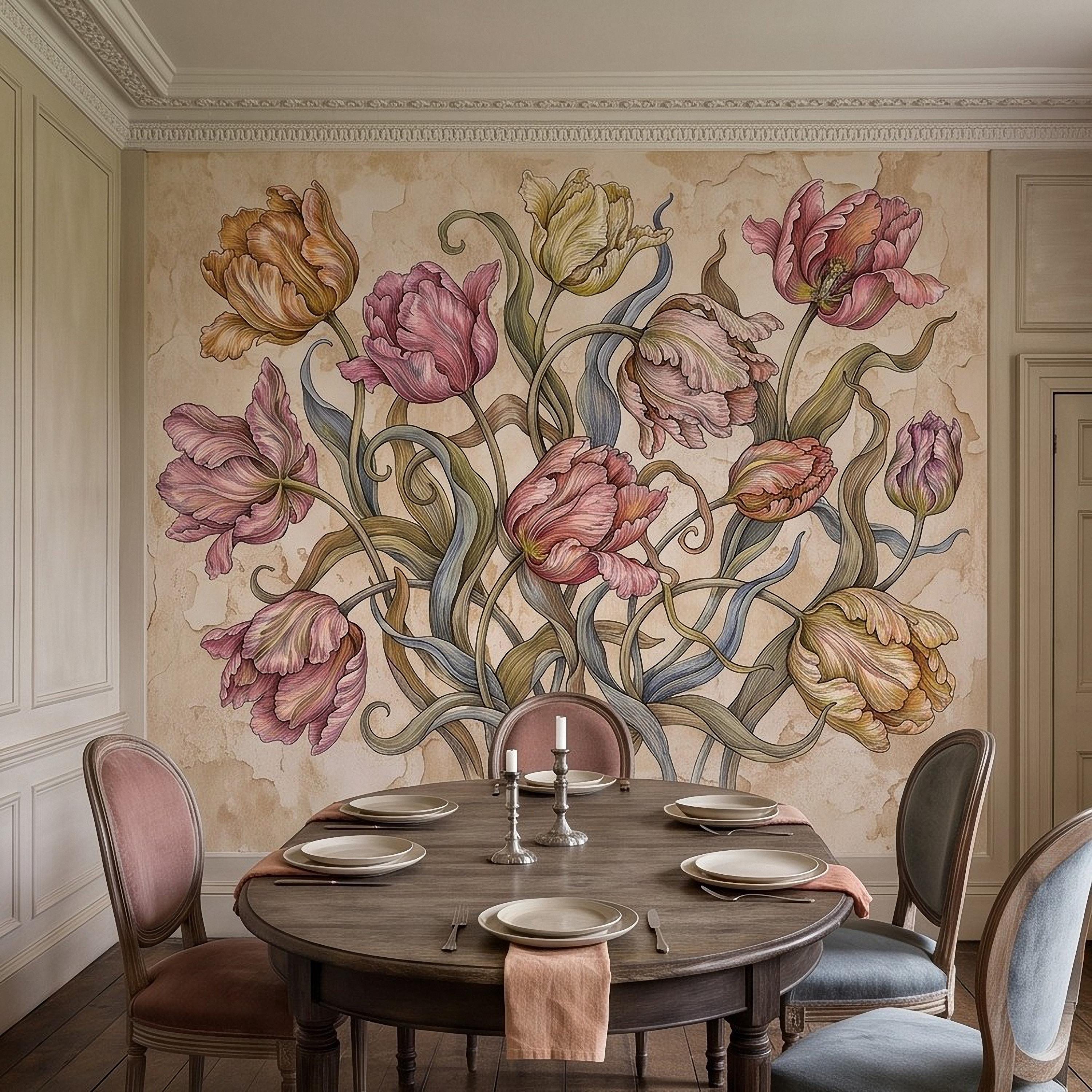 Vintage Parrot Tulip Peel and Stick Wall Mural, Antique Botanical Floral Hand Drawn Distressed Plaster Wallpaper