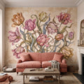 Vintage Parrot Tulip Peel and Stick Wall Mural, Antique Botanical Floral Hand Drawn Distressed Plaster Wallpaper