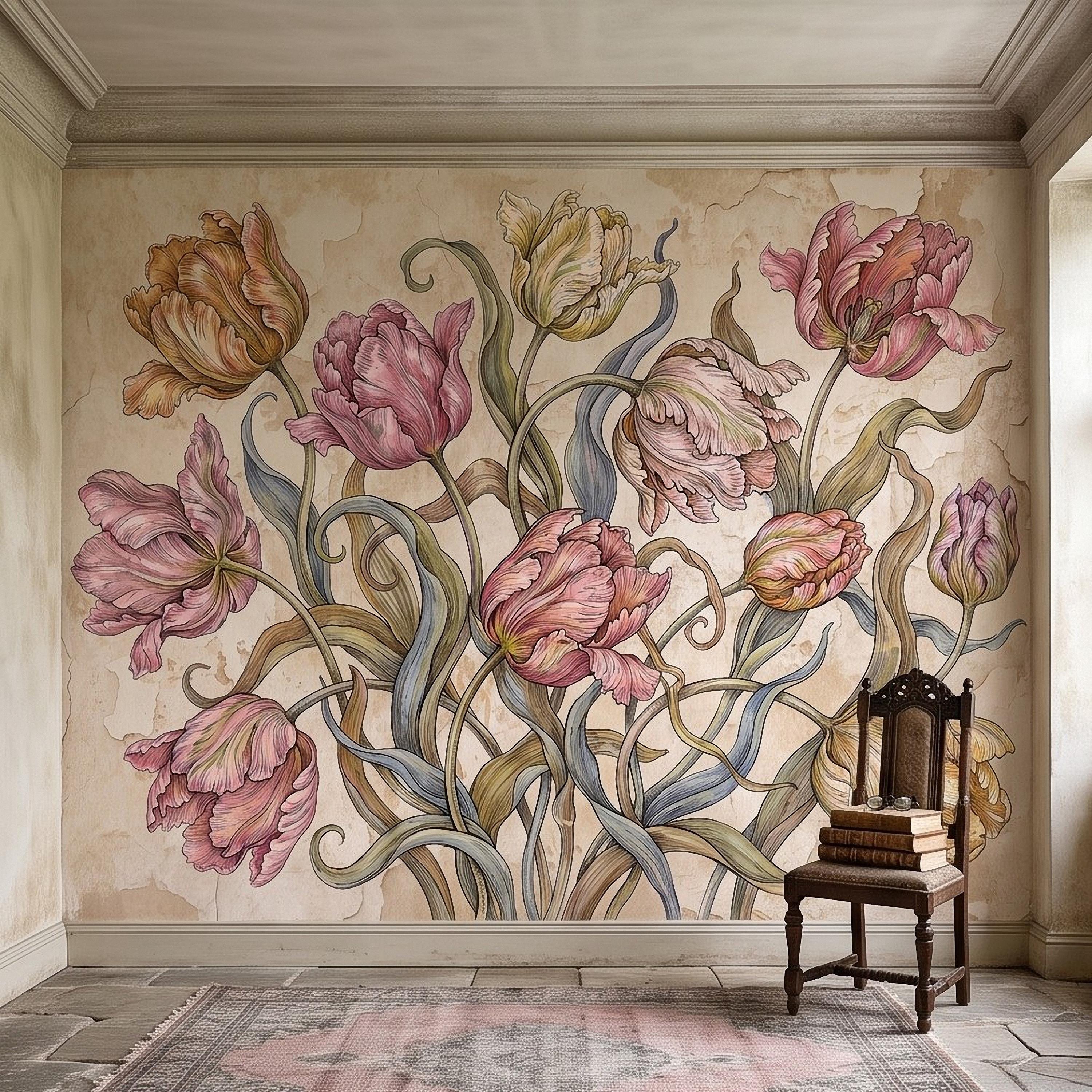 Vintage Parrot Tulip Peel and Stick Wall Mural, Antique Botanical Floral Hand Drawn Distressed Plaster Wallpaper