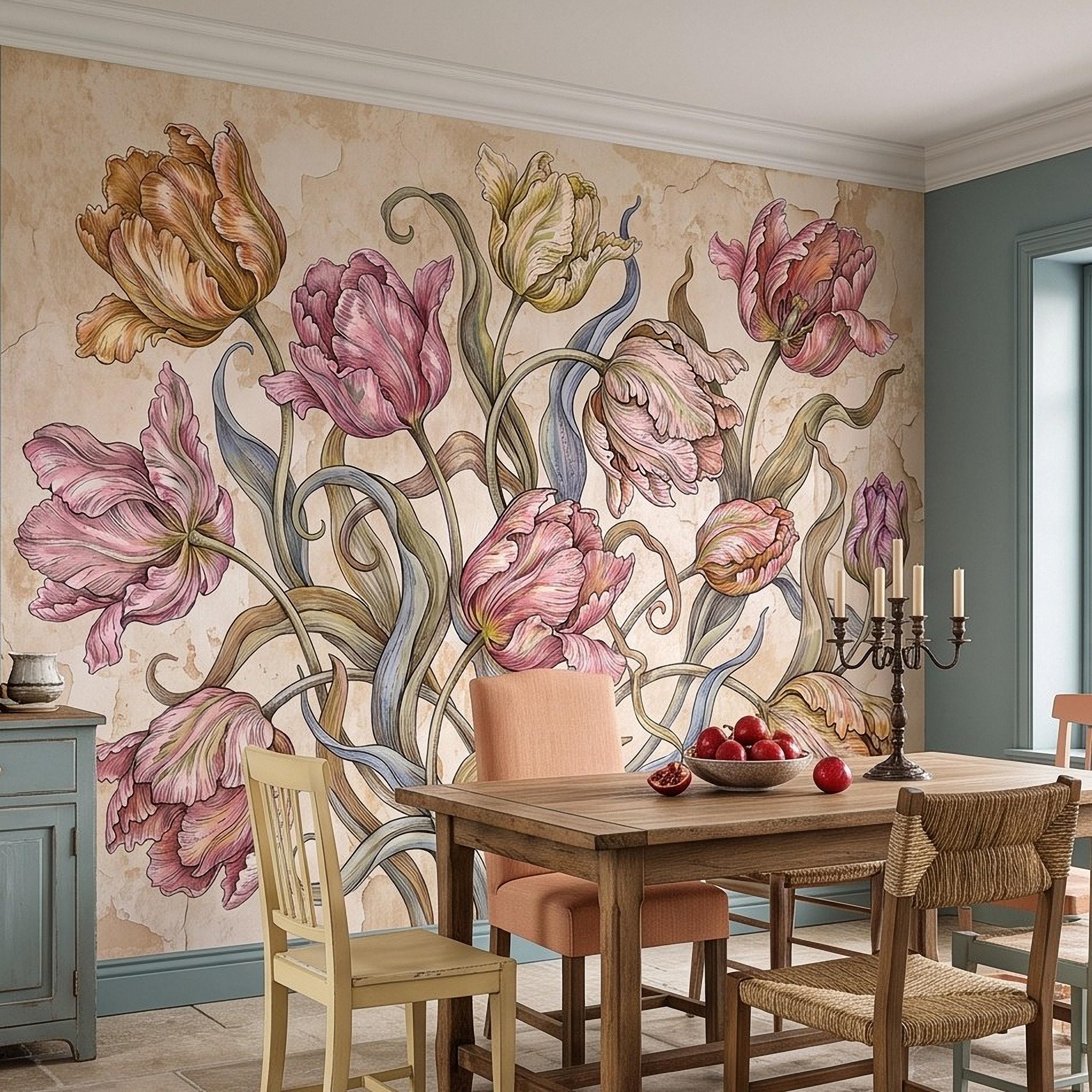 Vintage Parrot Tulip Peel and Stick Wall Mural, Antique Botanical Floral Hand Drawn Distressed Plaster Wallpaper