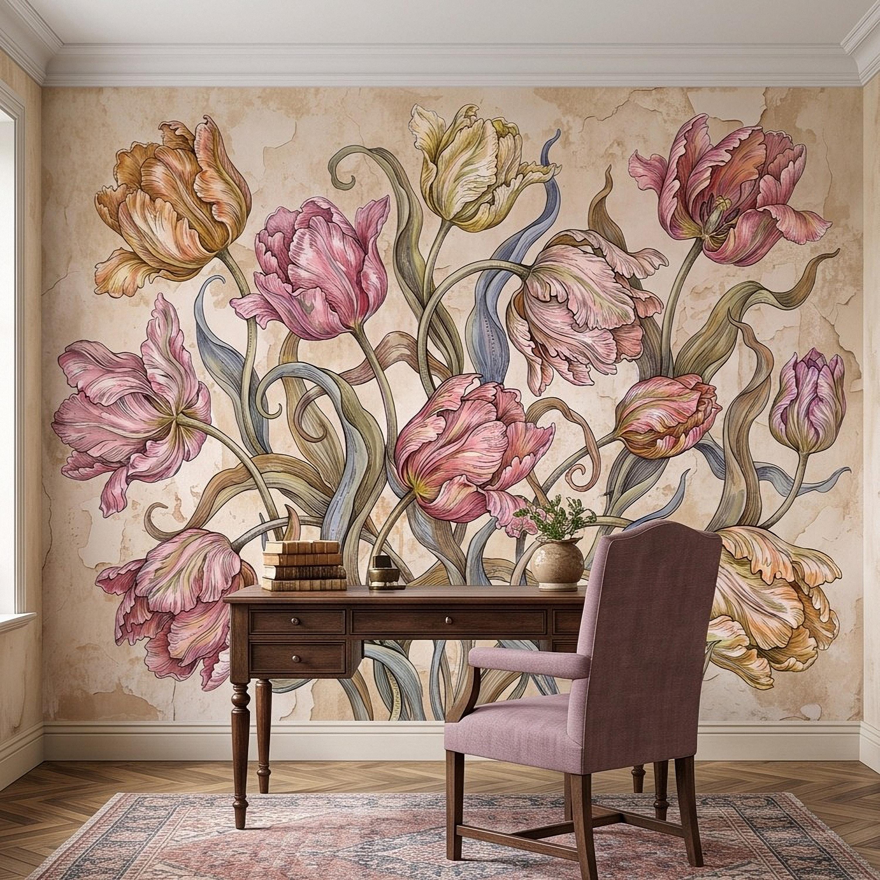 Vintage Parrot Tulip Peel and Stick Wall Mural, Antique Botanical Floral Hand Drawn Distressed Plaster Wallpaper