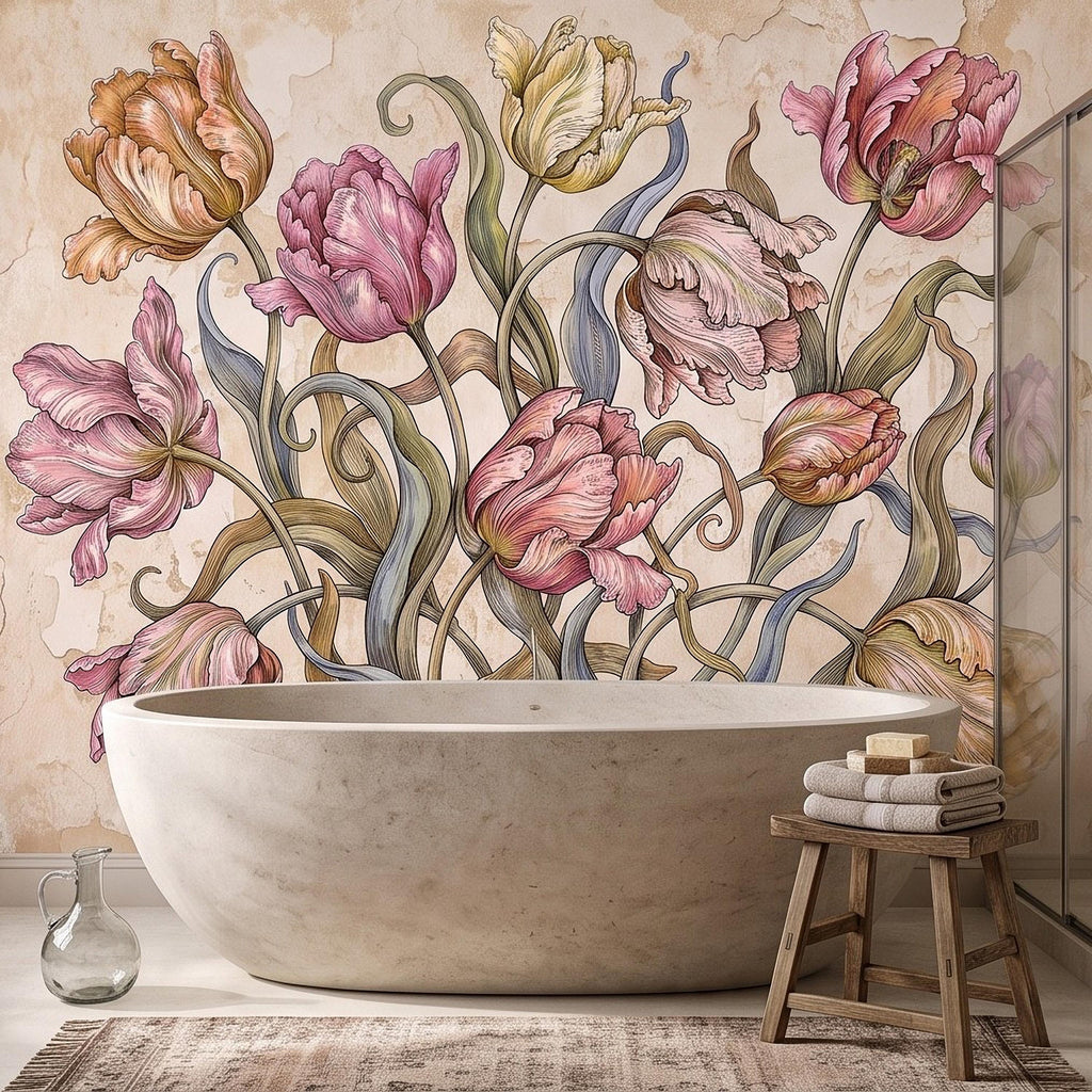 Vintage Parrot Tulip Peel and Stick Wall Mural, Antique Botanical Floral Hand Drawn Distressed Plaster Wallpaper