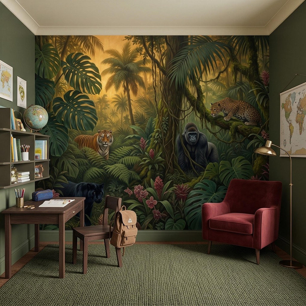 Tropical Jungle Peel and Stick Wall Mural, Rainforest Wildlife Adventure Lush Botanical Exotic Animals Vintage Kids Nursery Wallpaper