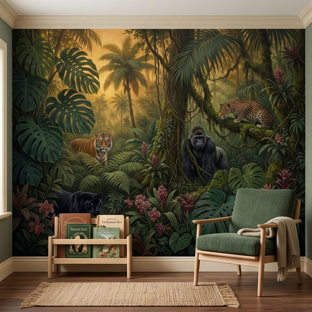 Tropical Jungle Peel and Stick Wall Mural, Rainforest Wildlife Adventure Lush Botanical Exotic Animals Vintage Kids Nursery Wallpaper