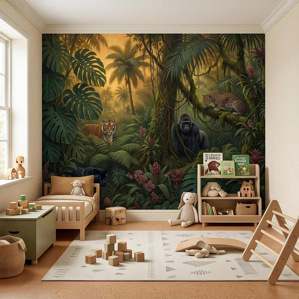 Tropical Jungle Peel and Stick Wall Mural, Rainforest Wildlife Adventure Lush Botanical Exotic Animals Vintage Kids Nursery Wallpaper