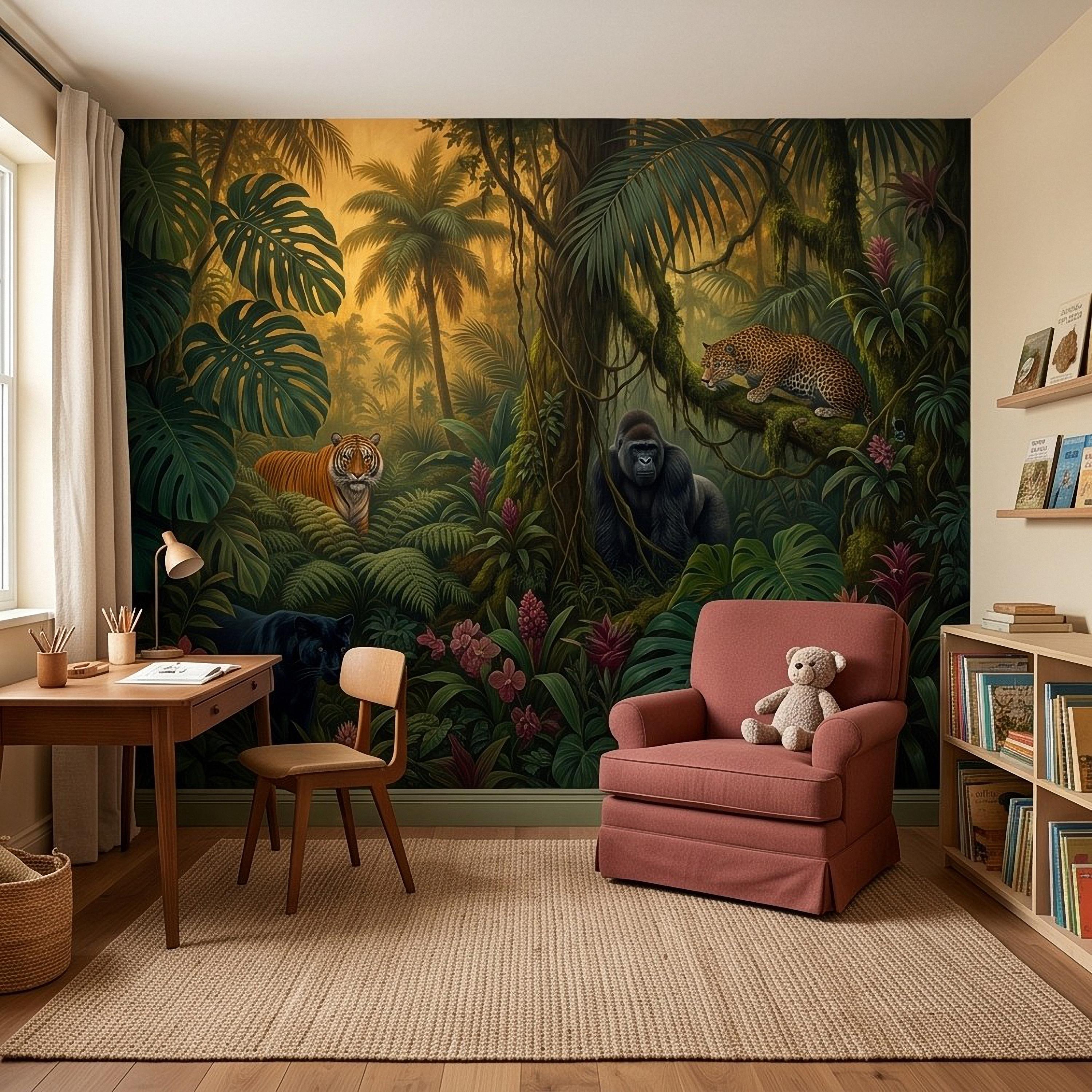 Tropical Jungle Peel and Stick Wall Mural, Rainforest Wildlife Adventure Lush Botanical Exotic Animals Vintage Kids Nursery Wallpaper