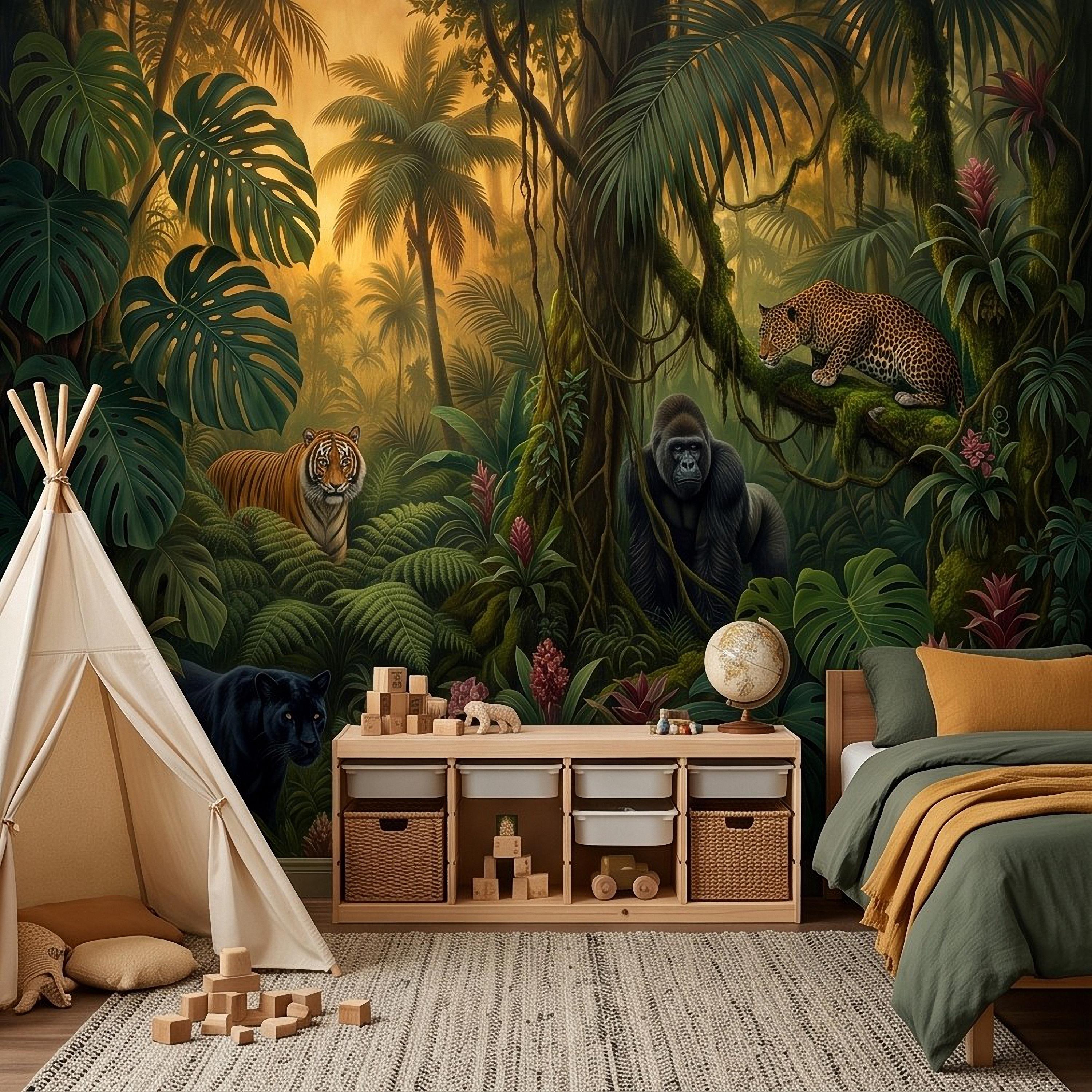 Tropical Jungle Peel and Stick Wall Mural, Rainforest Wildlife Adventure Lush Botanical Exotic Animals Vintage Kids Nursery Wallpaper