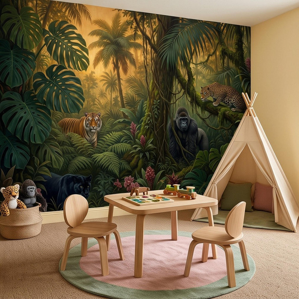 Tropical Jungle Peel and Stick Wall Mural, Rainforest Wildlife Adventure Lush Botanical Exotic Animals Vintage Kids Nursery Wallpaper