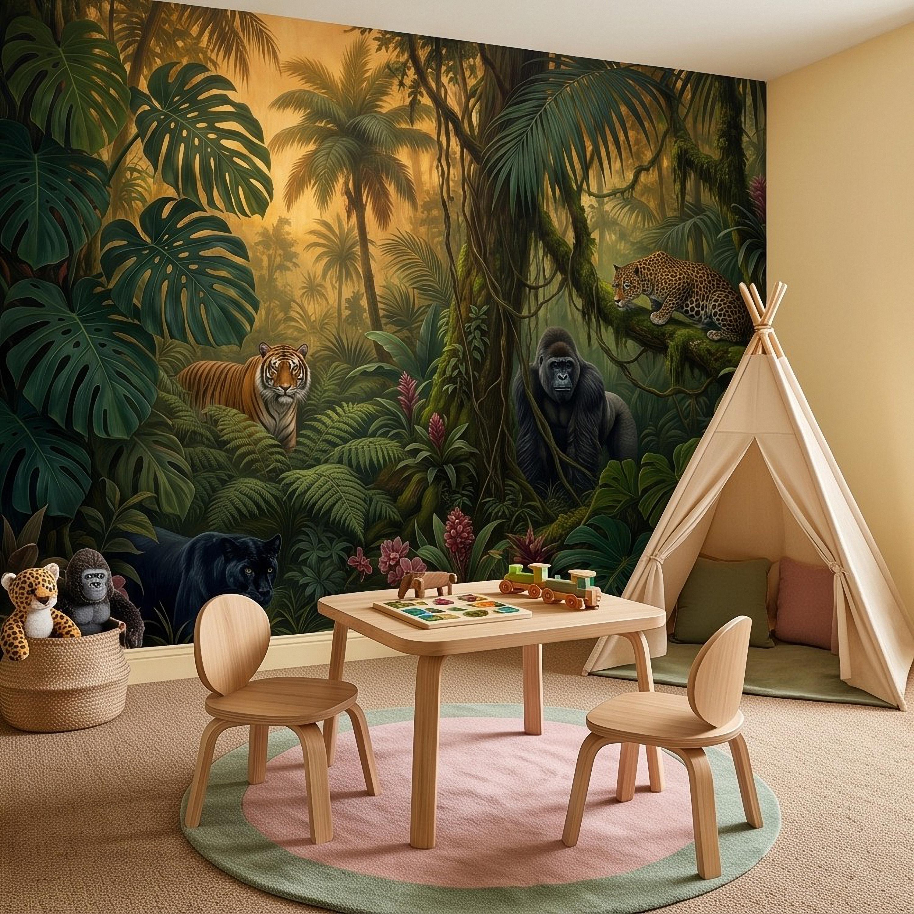 Tropical Jungle Peel and Stick Wall Mural, Rainforest Wildlife Adventure Lush Botanical Exotic Animals Vintage Kids Nursery Wallpaper