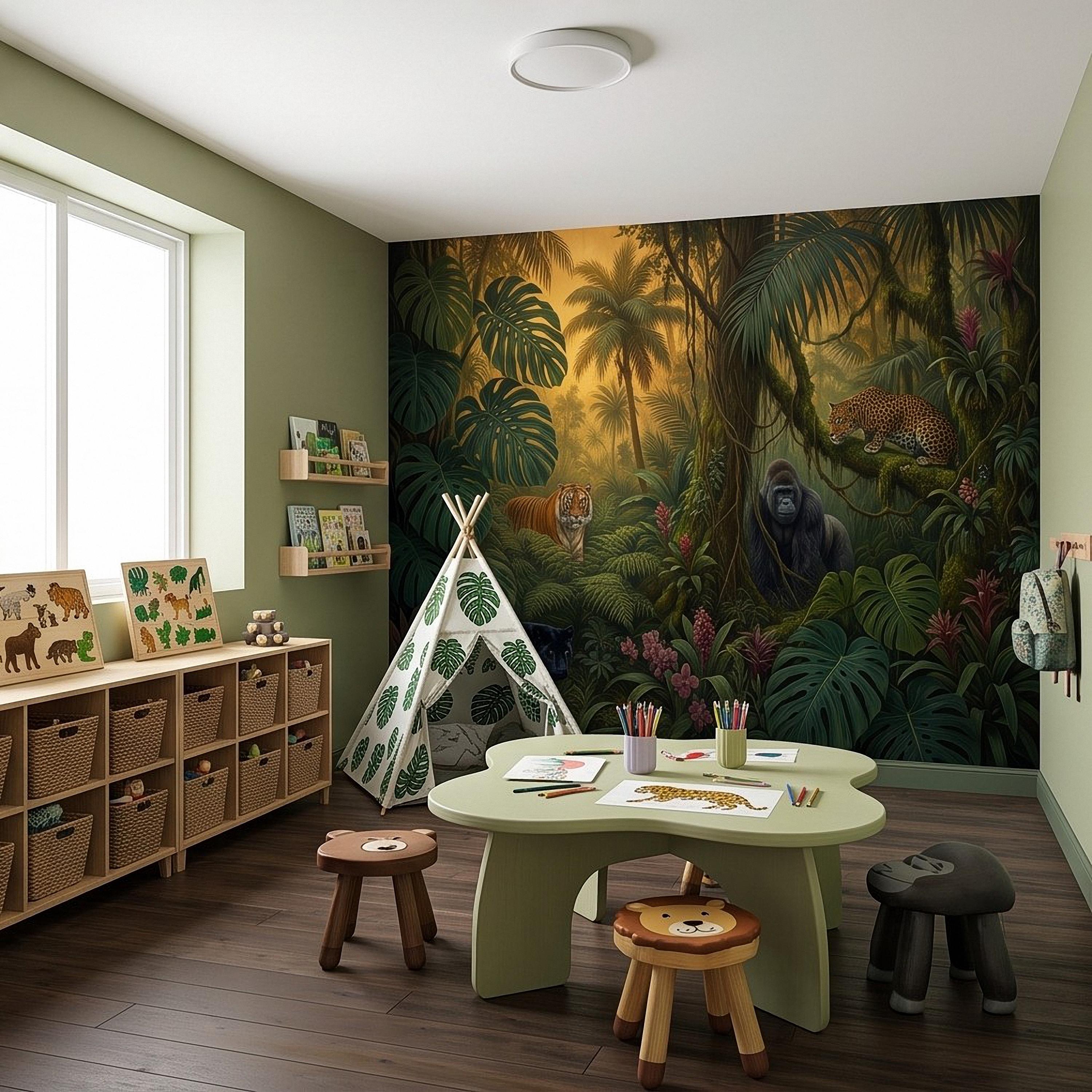 Tropical Jungle Peel and Stick Wall Mural, Rainforest Wildlife Adventure Lush Botanical Exotic Animals Vintage Kids Nursery Wallpaper