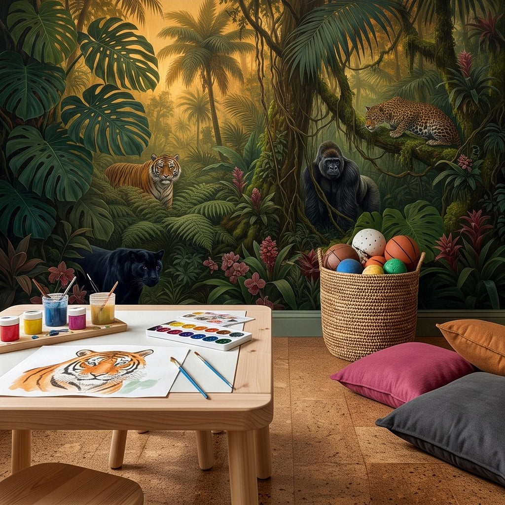 Tropical Jungle Peel and Stick Wall Mural, Rainforest Wildlife Adventure Lush Botanical Exotic Animals Vintage Kids Nursery Wallpaper