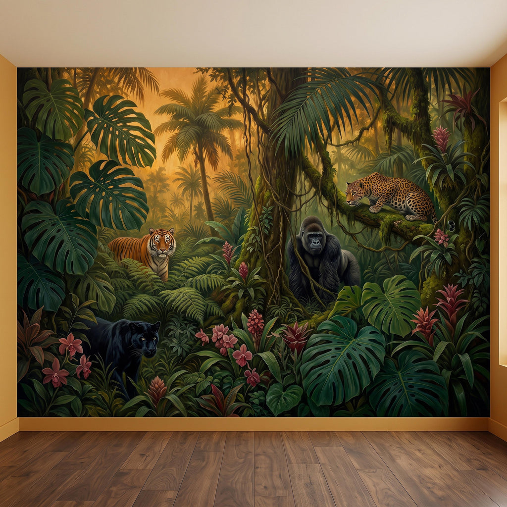 Tropical Jungle Peel and Stick Wall Mural, Rainforest Wildlife Adventure Lush Botanical Exotic Animals Vintage Kids Nursery Wallpaper