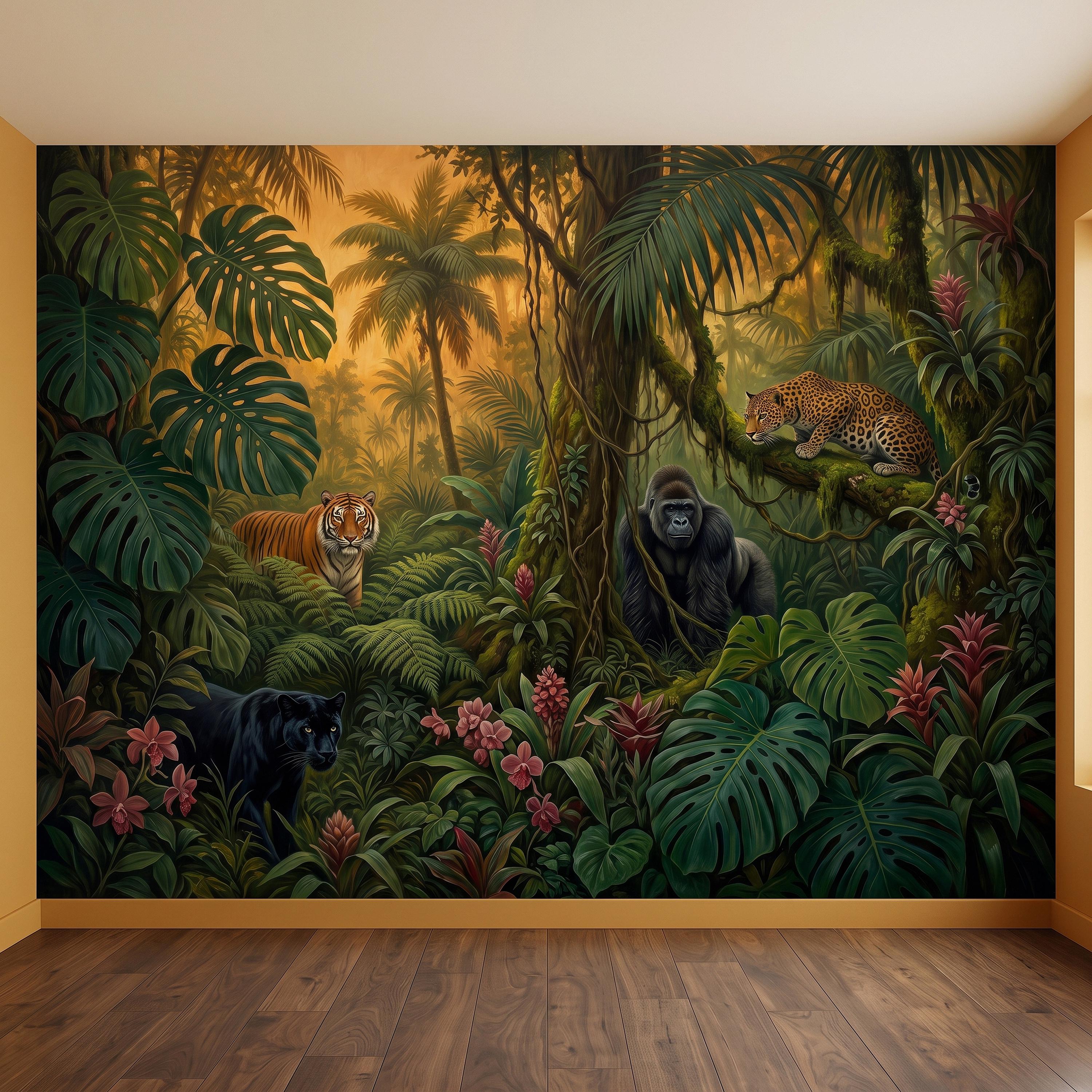 Tropical Jungle Peel and Stick Wall Mural, Rainforest Wildlife Adventure Lush Botanical Exotic Animals Vintage Kids Nursery Wallpaper