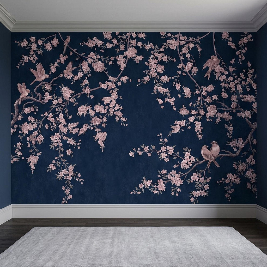 Cherry Blossom Peel and Stick Wall Mural, Pink Sakura Branches Birds Navy Blue Oriental Botanical Wallpaper