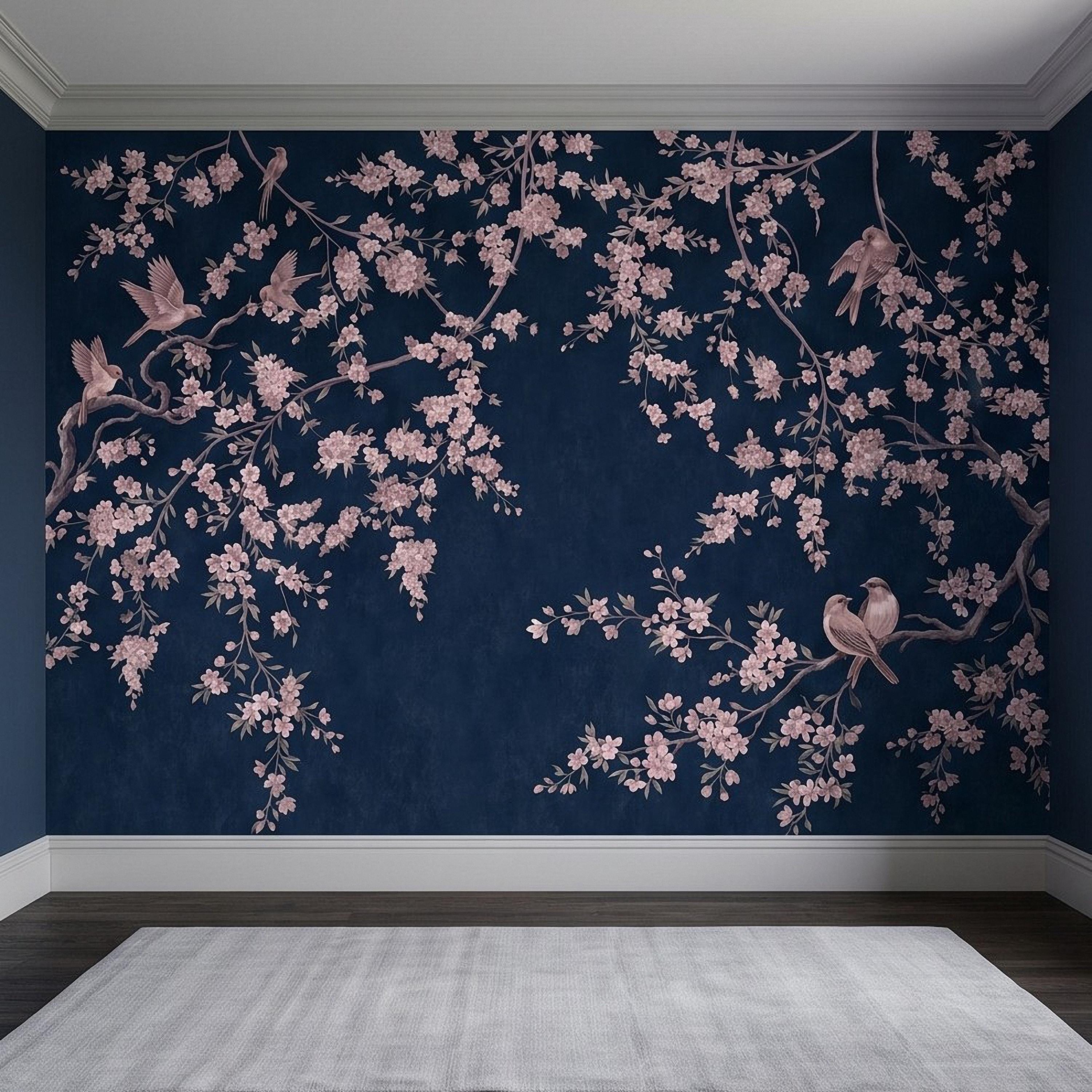 Cherry Blossom Peel and Stick Wall Mural, Pink Sakura Branches Birds Navy Blue Oriental Botanical Wallpaper