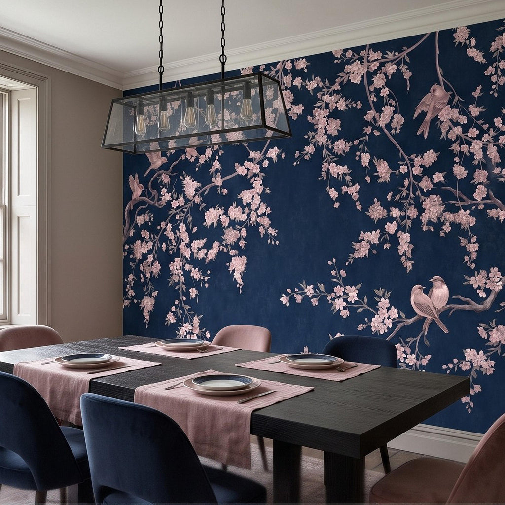 Cherry Blossom Peel and Stick Wall Mural, Pink Sakura Branches Birds Navy Blue Oriental Botanical Wallpaper