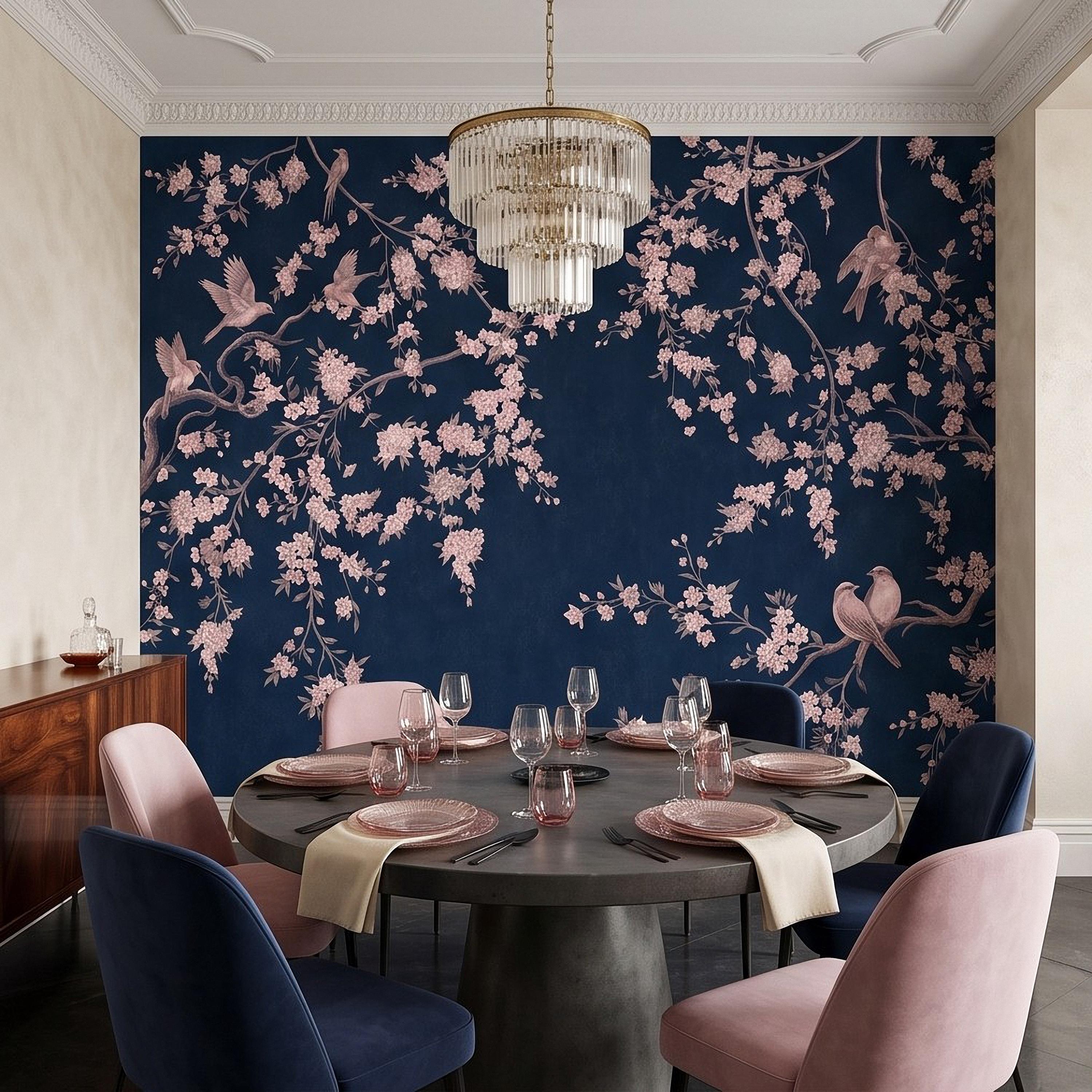 Cherry Blossom Peel and Stick Wall Mural, Pink Sakura Branches Birds Navy Blue Oriental Botanical Wallpaper