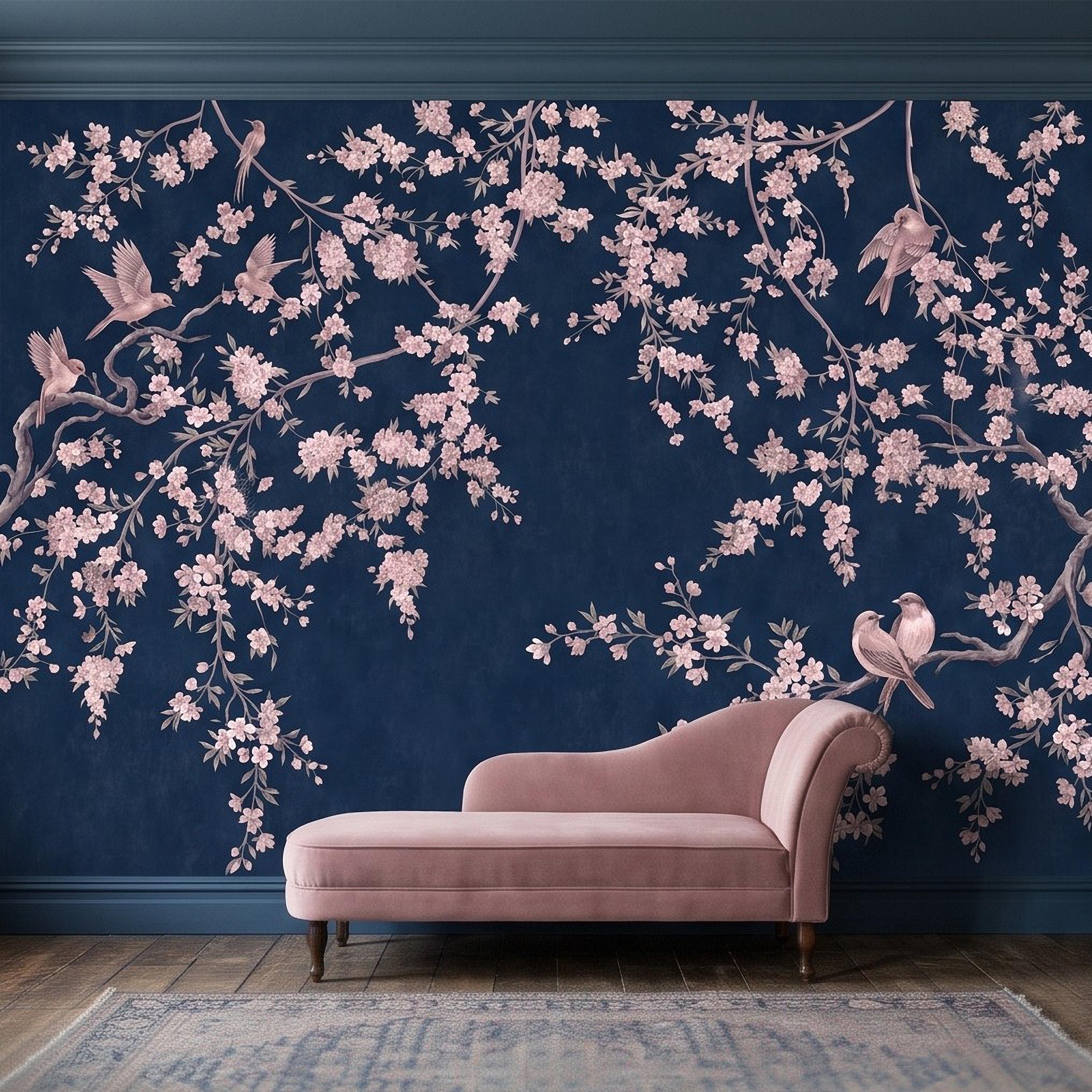 Cherry Blossom Peel and Stick Wall Mural, Pink Sakura Branches Birds Navy Blue Oriental Botanical Wallpaper
