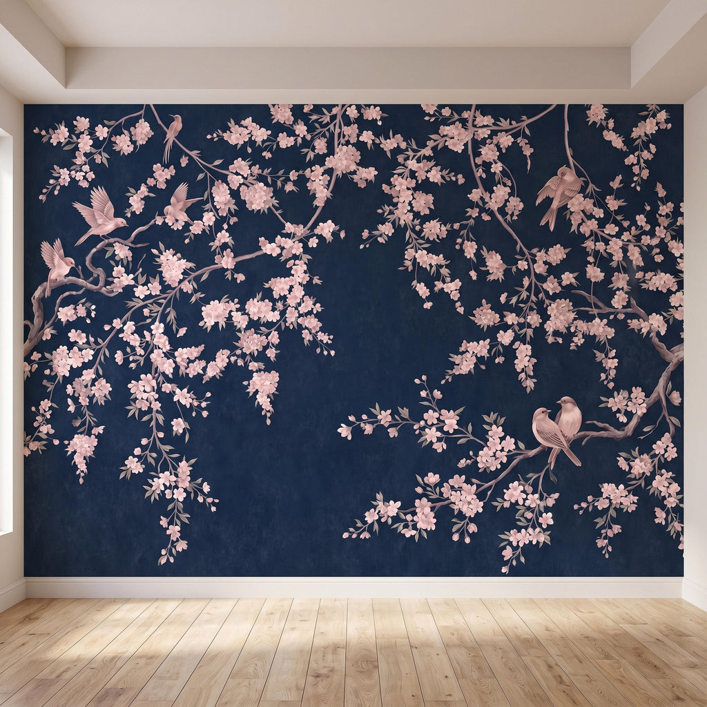 Cherry Blossom Peel and Stick Wall Mural, Pink Sakura Branches Birds Navy Blue Oriental Botanical Wallpaper