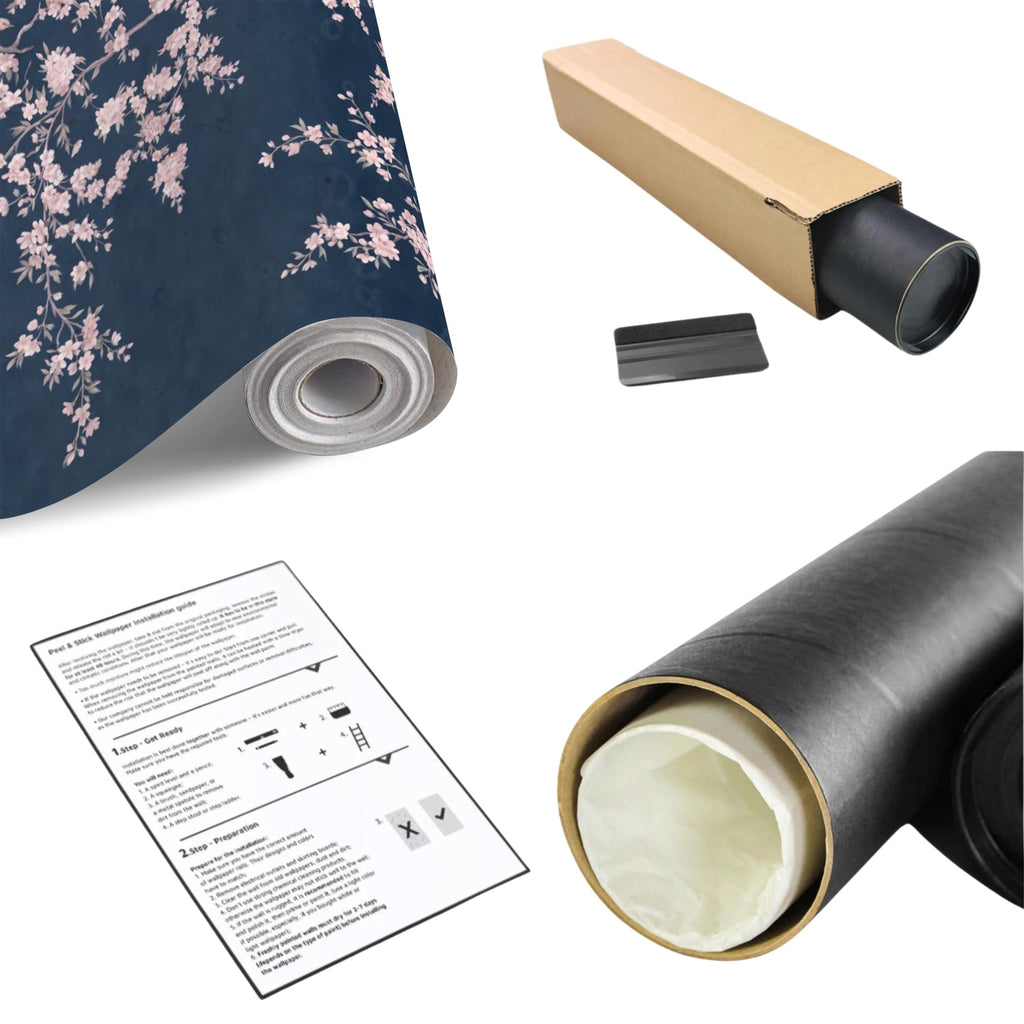 Cherry Blossom Peel and Stick Wall Mural, Pink Sakura Branches Birds Navy Blue Oriental Botanical Wallpaper