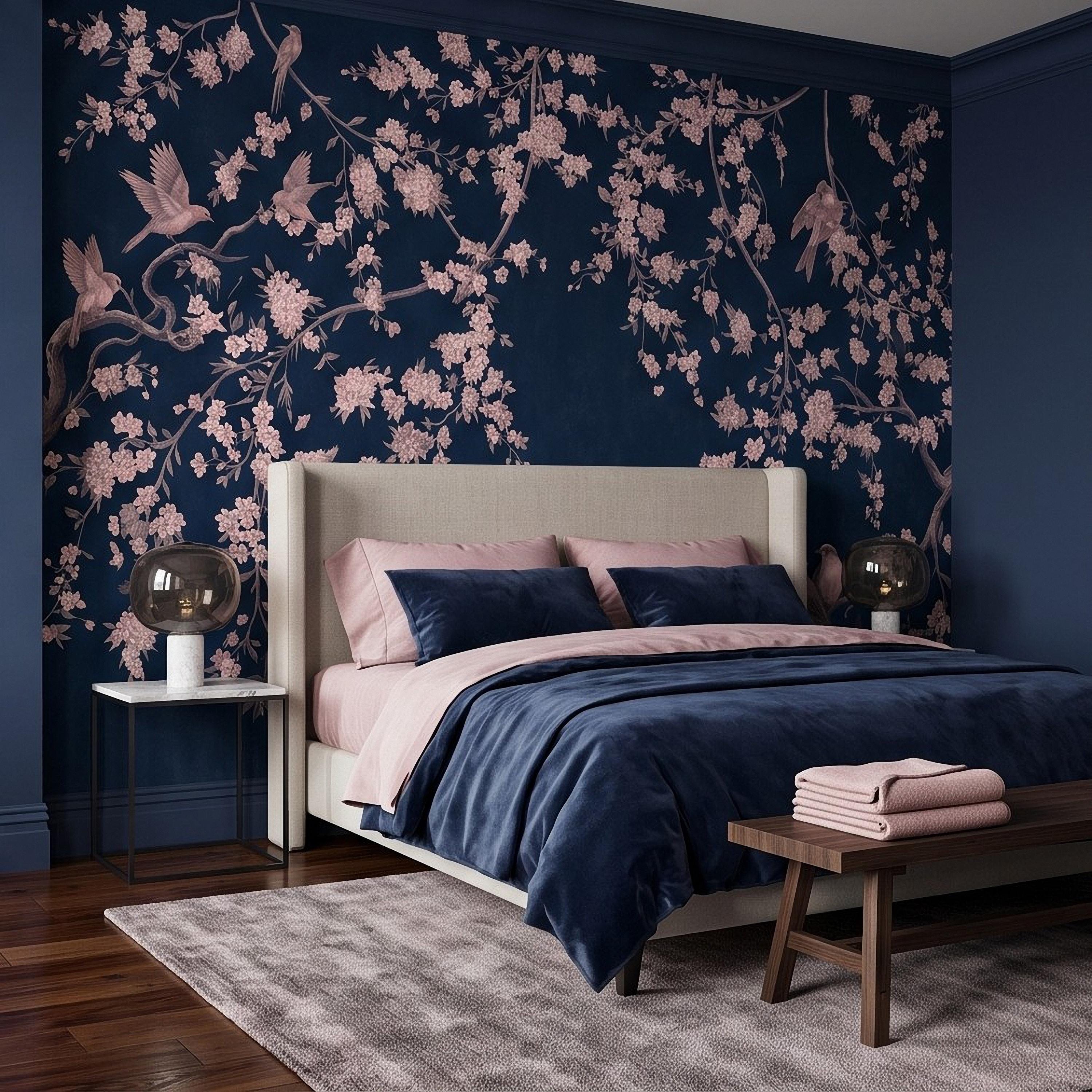 Cherry Blossom Peel and Stick Wall Mural, Pink Sakura Branches Birds Navy Blue Oriental Botanical Wallpaper