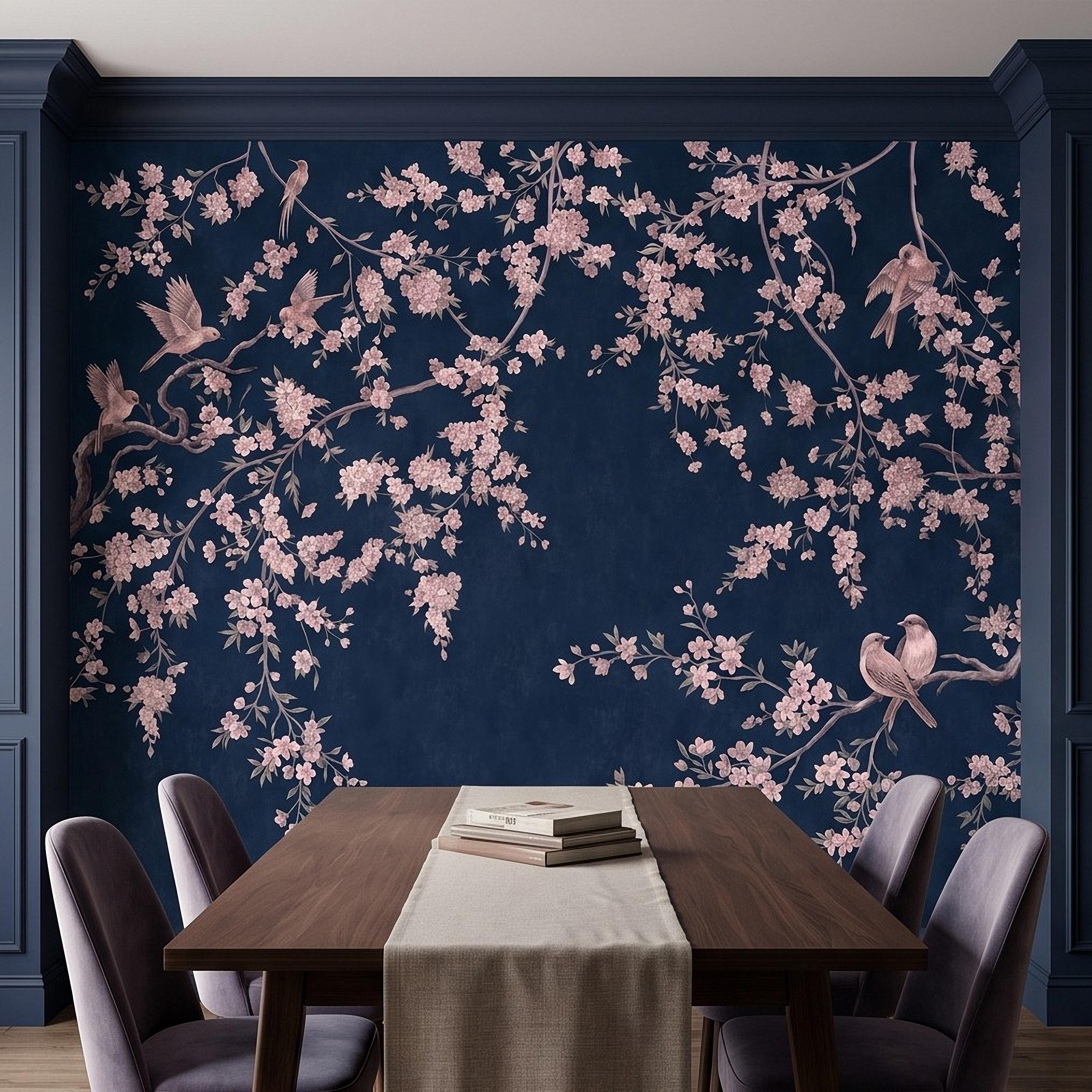 Cherry Blossom Peel and Stick Wall Mural, Pink Sakura Branches Birds Navy Blue Oriental Botanical Wallpaper