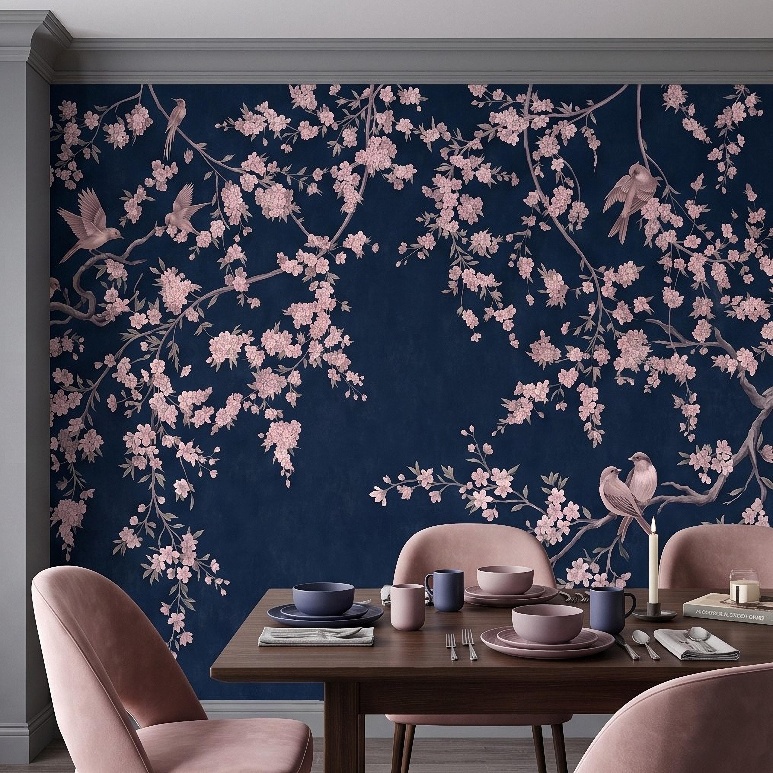 Cherry Blossom Peel and Stick Wall Mural, Pink Sakura Branches Birds Navy Blue Oriental Botanical Wallpaper