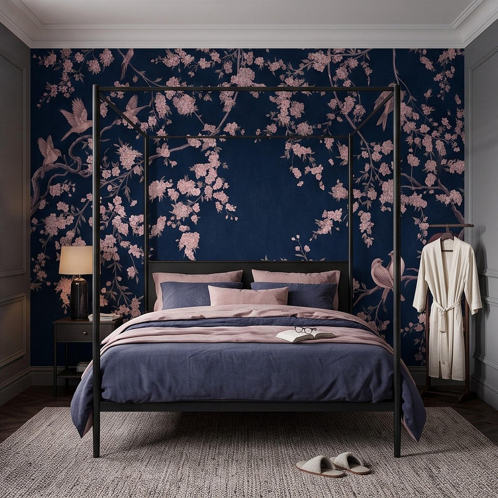 Cherry Blossom Peel and Stick Wall Mural, Pink Sakura Branches Birds Navy Blue Oriental Botanical Wallpaper