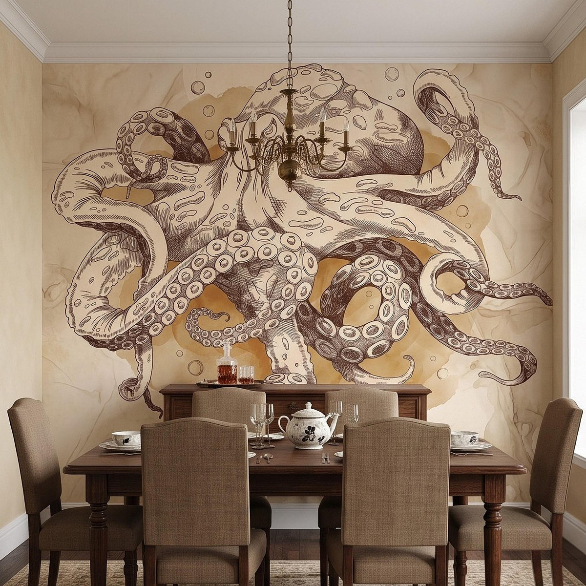 Vintage Octopus Peel and Stick Wall Mural, Antique Sepia Ink Drawing Nautical Marine Life Watercolor Scientific Illustration Wallpaper - The Fine Art Murals