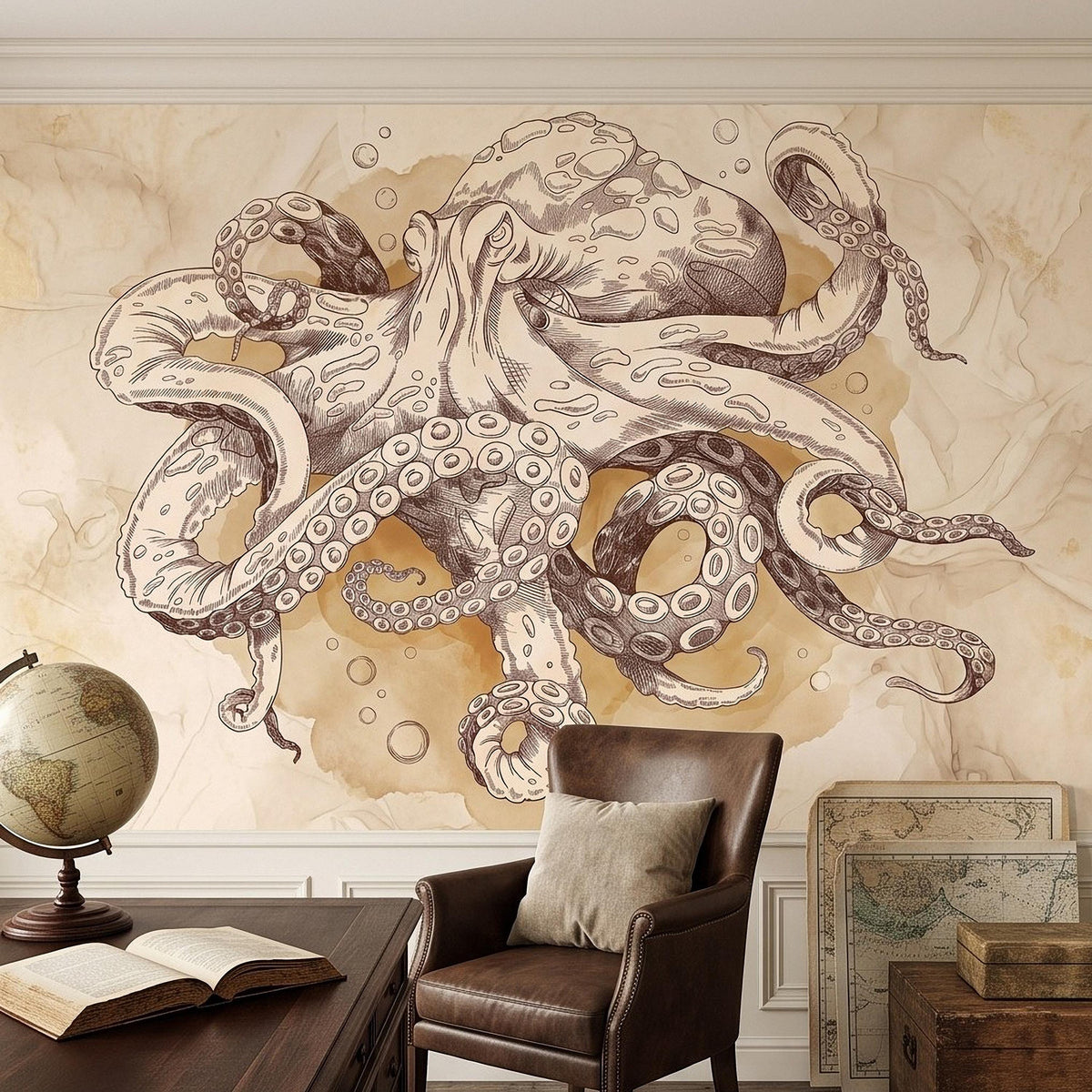 Vintage Octopus Peel and Stick Wall Mural, Antique Sepia Ink Drawing Nautical Marine Life Watercolor Scientific Illustration Wallpaper - The Fine Art Murals