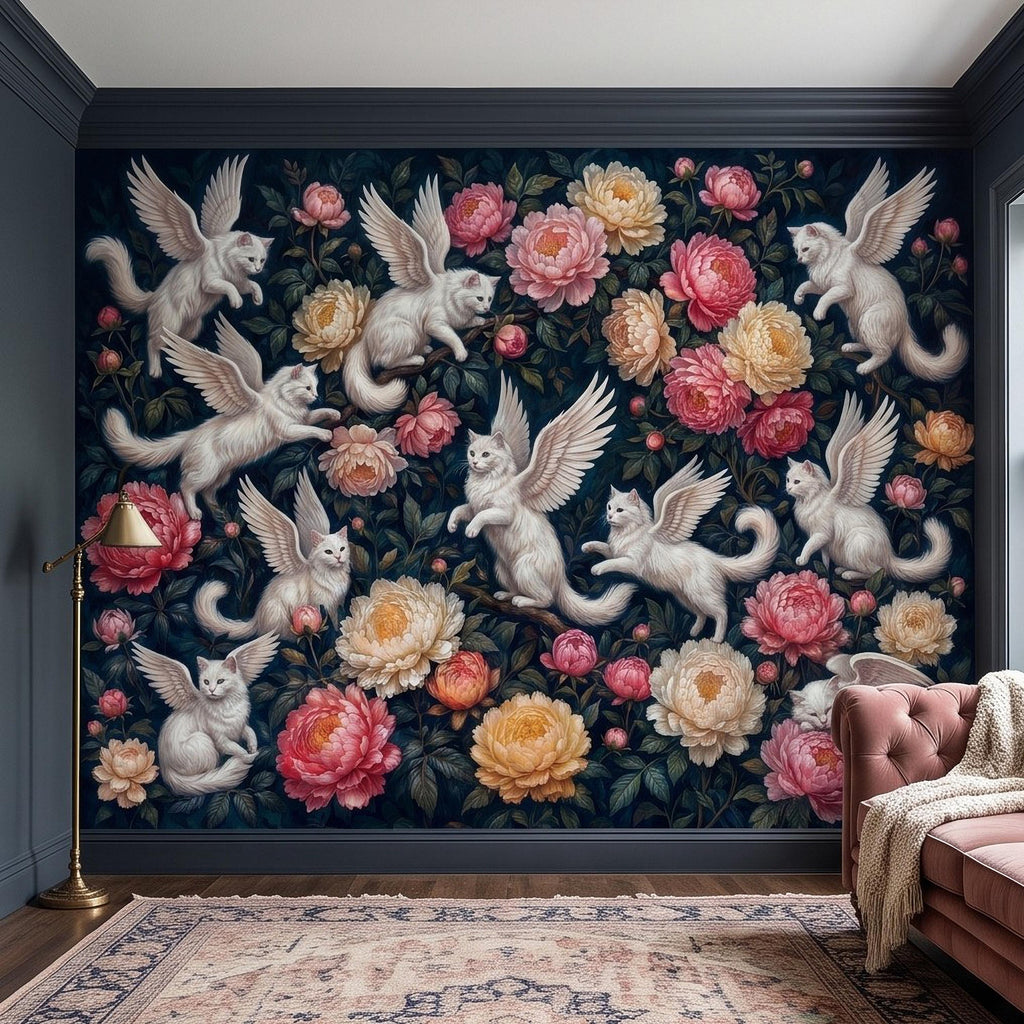 Winged Cats Peel and Stick Wall Mural, White Fantasy Kittens Pink Peony Flowers Dark Botanical Whimsical Floral Vintage Painting Wallpaper