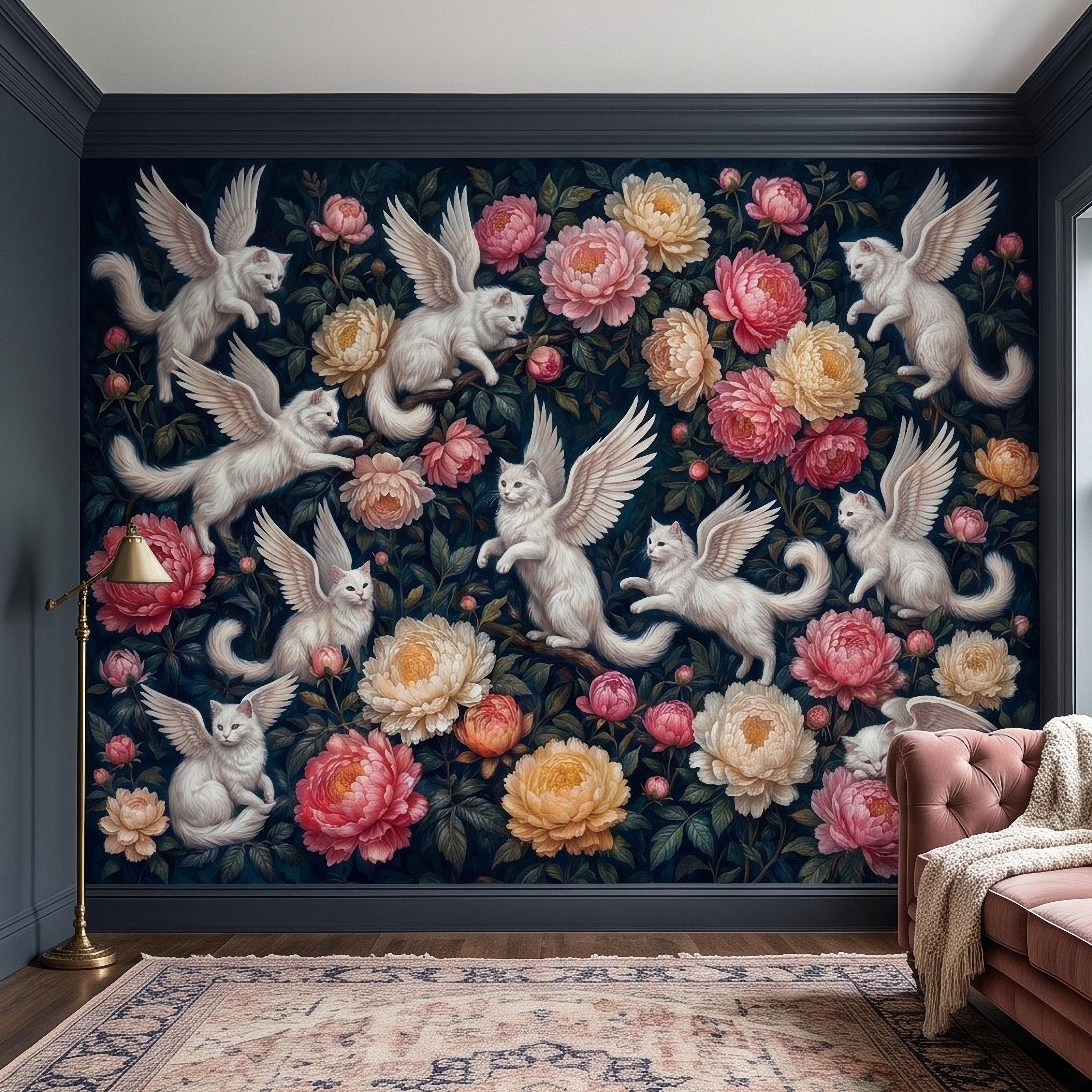 Winged Cats Peel and Stick Wall Mural, White Fantasy Kittens Pink Peony Flowers Dark Botanical Whimsical Floral Vintage Painting Wallpaper