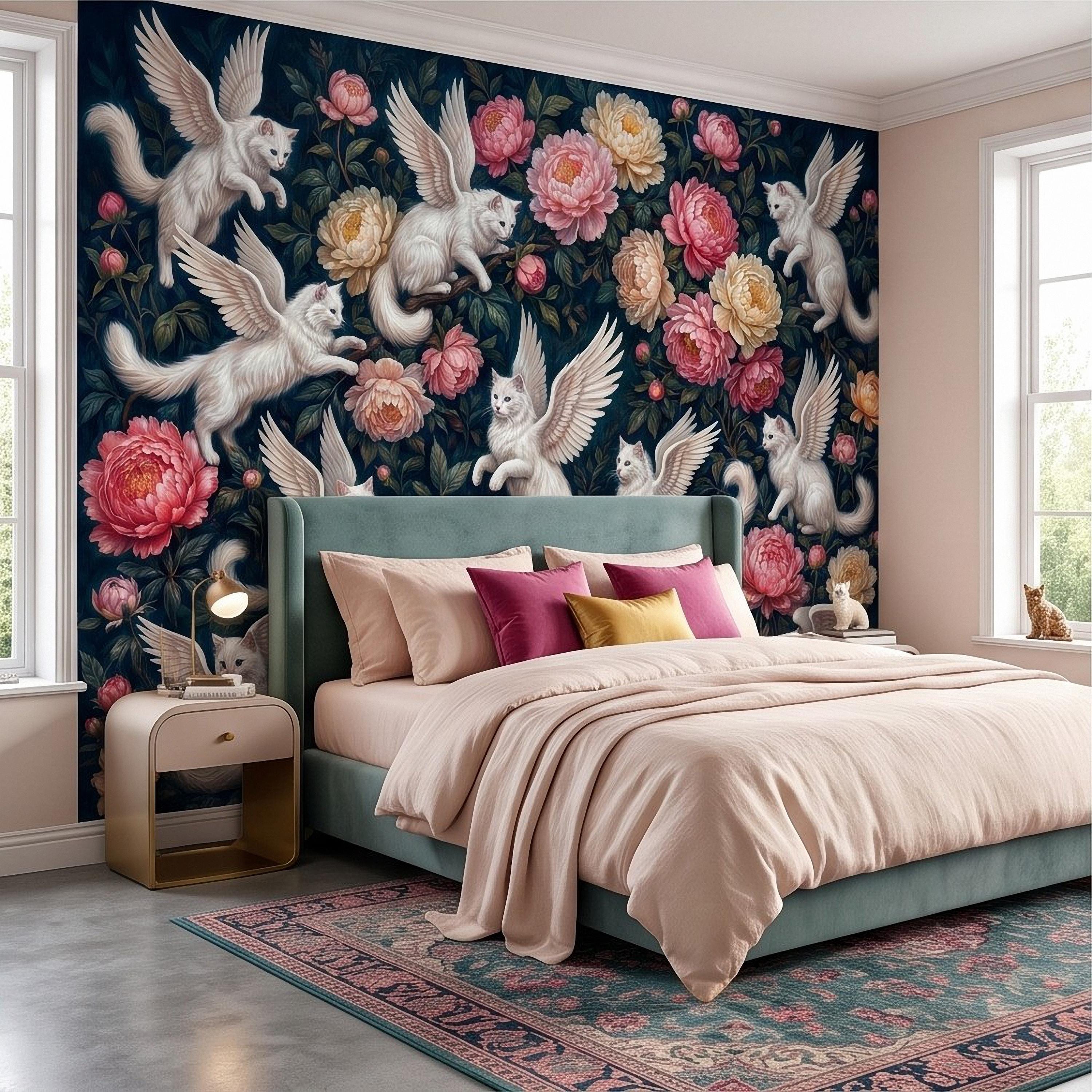 Winged Cats Peel and Stick Wall Mural, White Fantasy Kittens Pink Peony Flowers Dark Botanical Whimsical Floral Vintage Painting Wallpaper