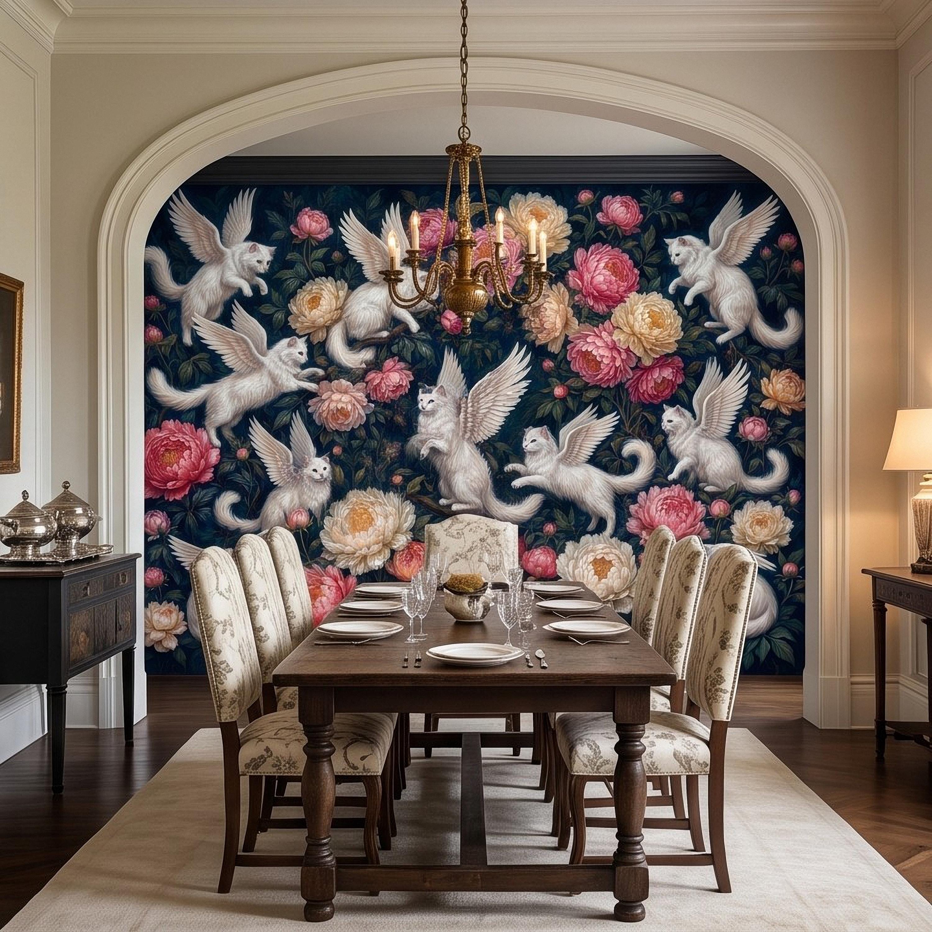 Winged Cats Peel and Stick Wall Mural, White Fantasy Kittens Pink Peony Flowers Dark Botanical Whimsical Floral Vintage Painting Wallpaper