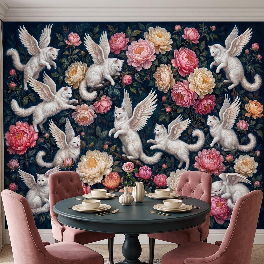Winged Cats Peel and Stick Wall Mural, White Fantasy Kittens Pink Peony Flowers Dark Botanical Whimsical Floral Vintage Painting Wallpaper