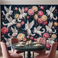Winged Cats Peel and Stick Wall Mural, White Fantasy Kittens Pink Peony Flowers Dark Botanical Whimsical Floral Vintage Painting Wallpaper