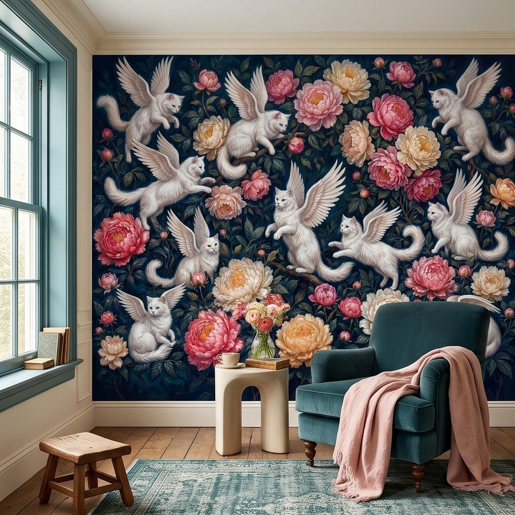 Winged Cats Peel and Stick Wall Mural, White Fantasy Kittens Pink Peony Flowers Dark Botanical Whimsical Floral Vintage Painting Wallpaper