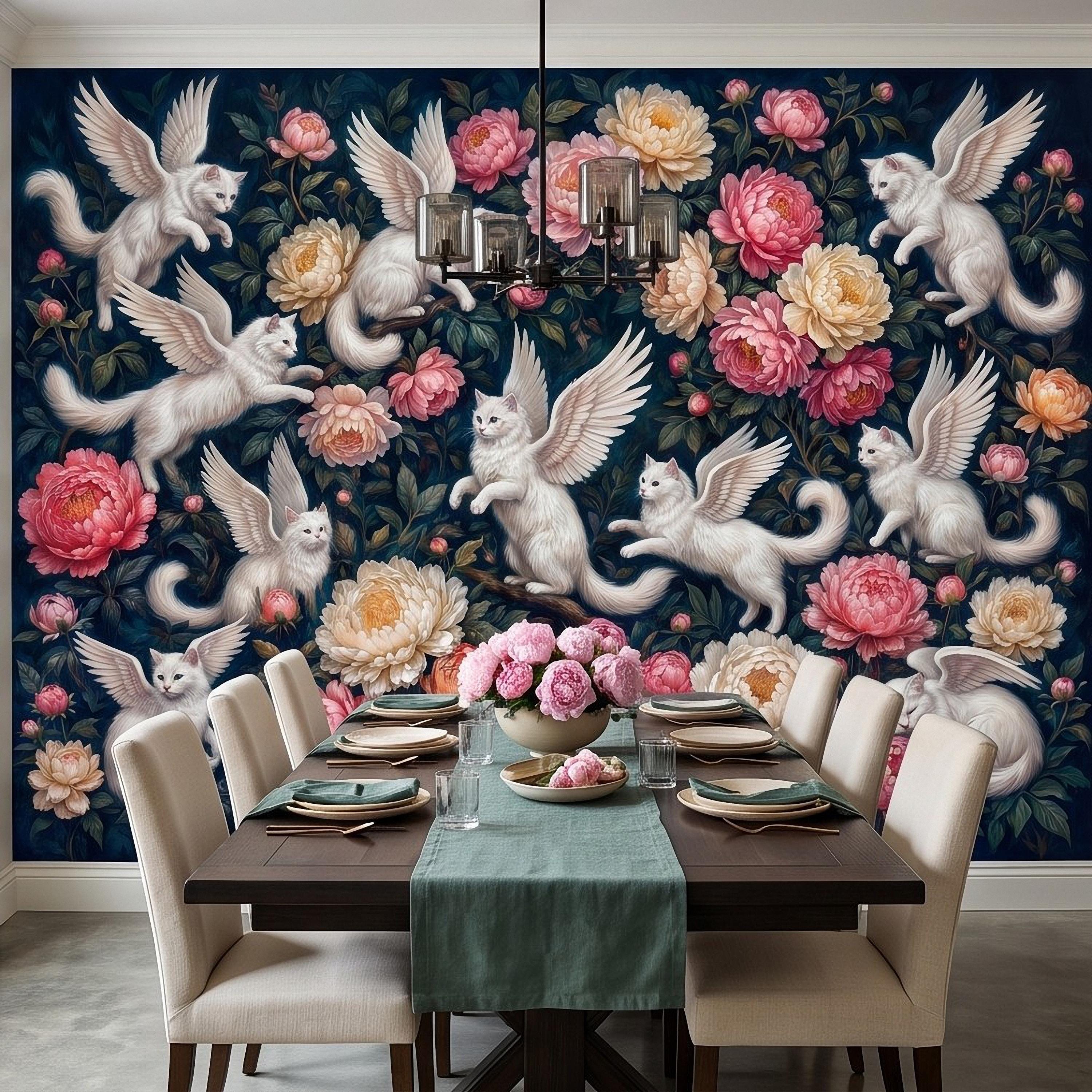 Winged Cats Peel and Stick Wall Mural, White Fantasy Kittens Pink Peony Flowers Dark Botanical Whimsical Floral Vintage Painting Wallpaper