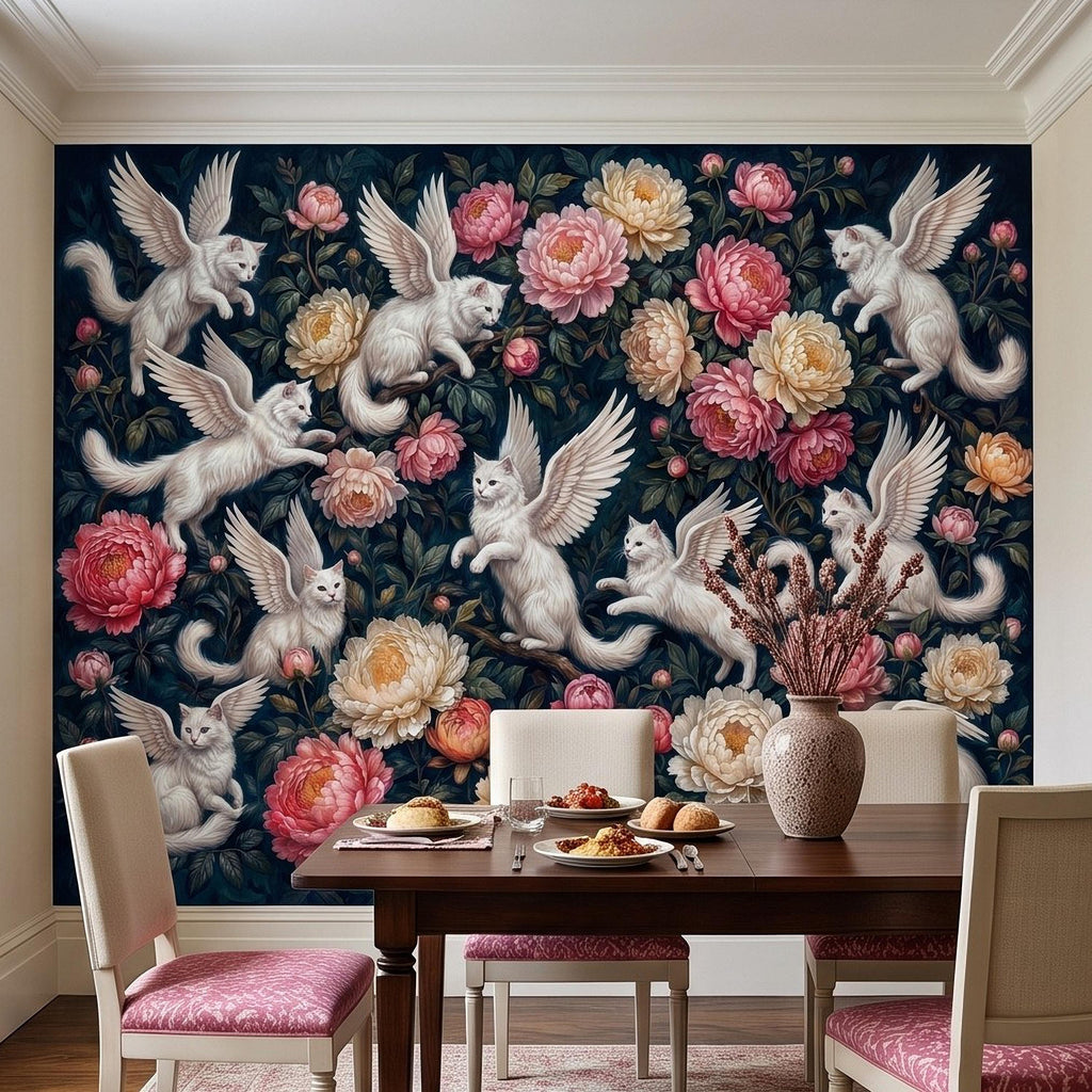 Winged Cats Peel and Stick Wall Mural, White Fantasy Kittens Pink Peony Flowers Dark Botanical Whimsical Floral Vintage Painting Wallpaper
