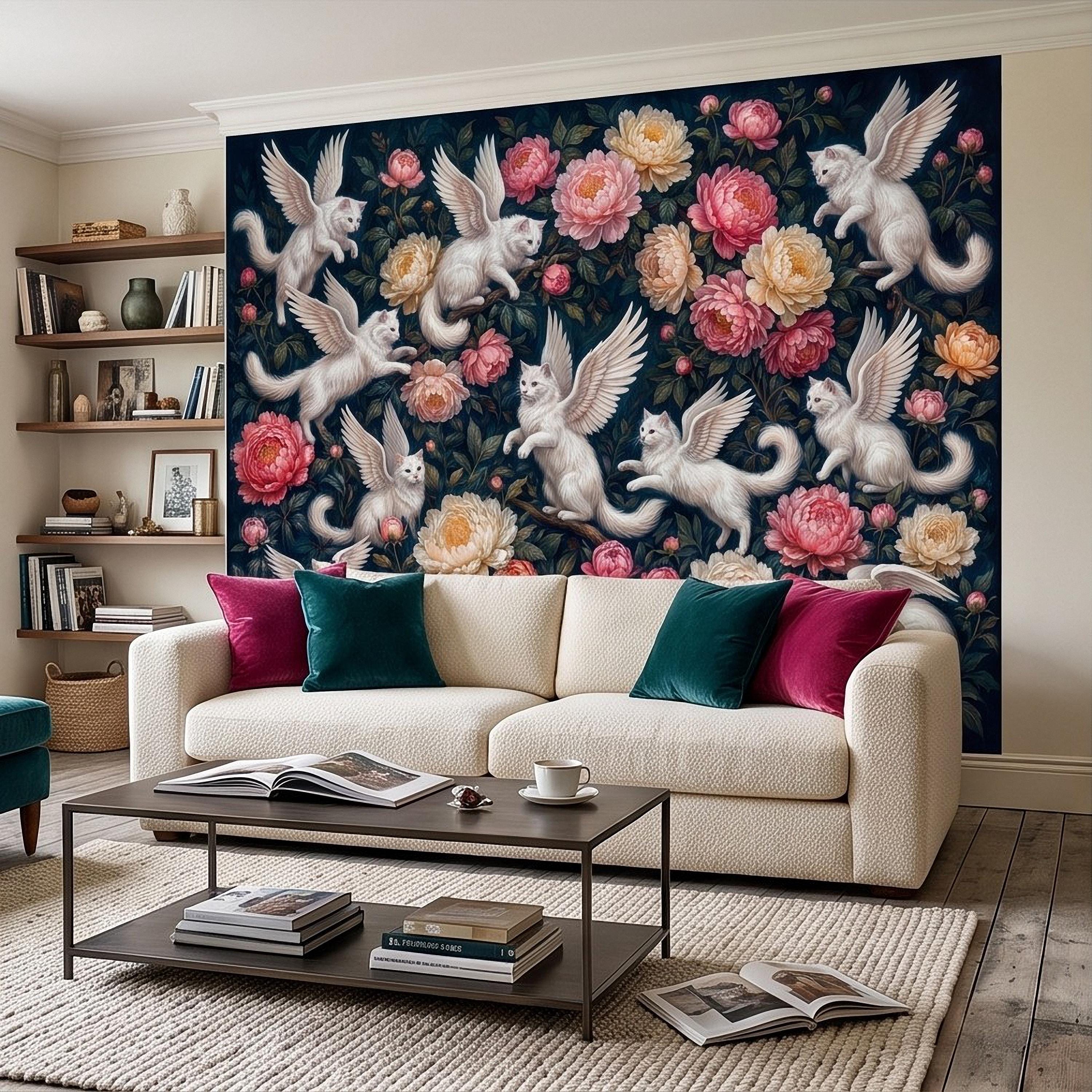 Winged Cats Peel and Stick Wall Mural, White Fantasy Kittens Pink Peony Flowers Dark Botanical Whimsical Floral Vintage Painting Wallpaper