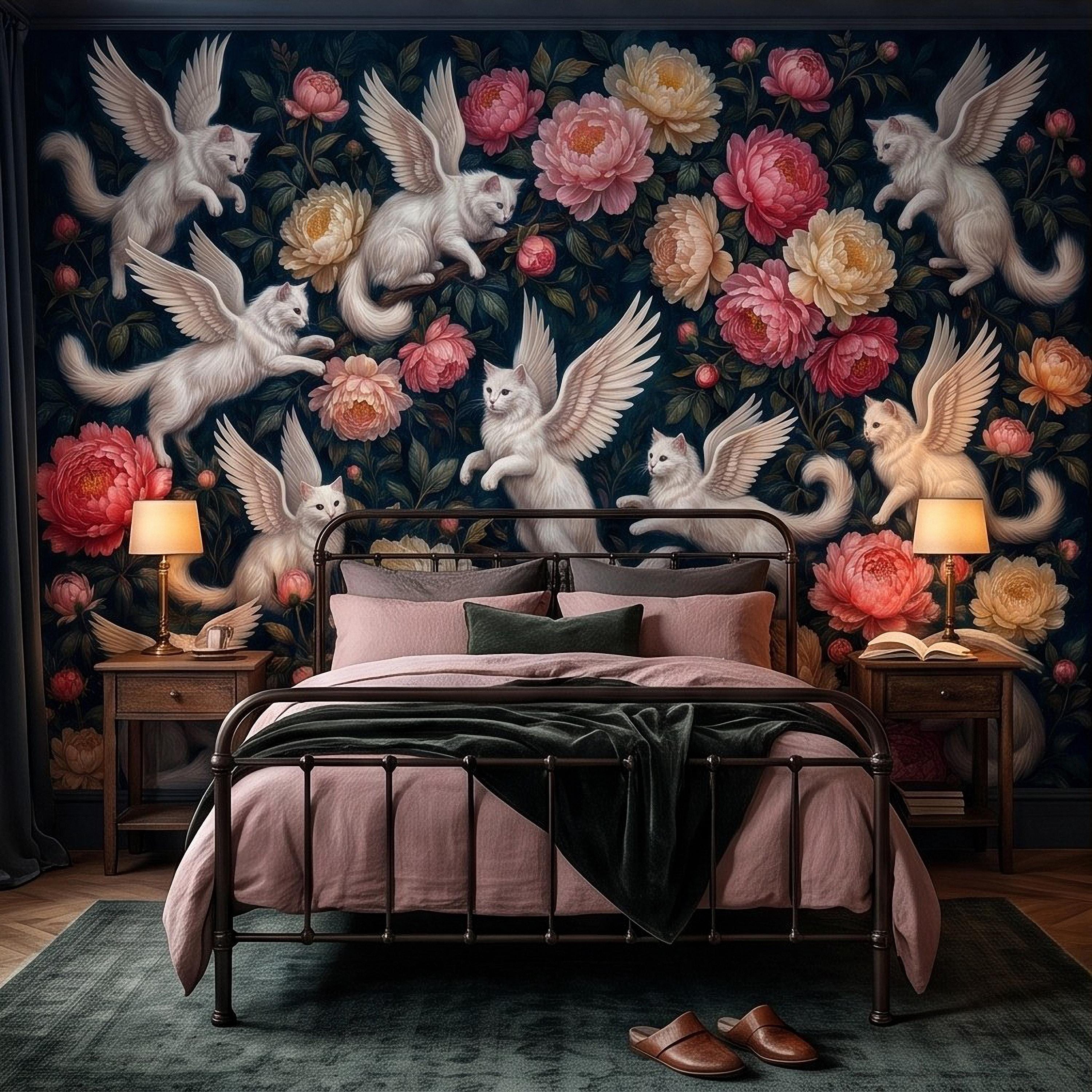 Winged Cats Peel and Stick Wall Mural, White Fantasy Kittens Pink Peony Flowers Dark Botanical Whimsical Floral Vintage Painting Wallpaper