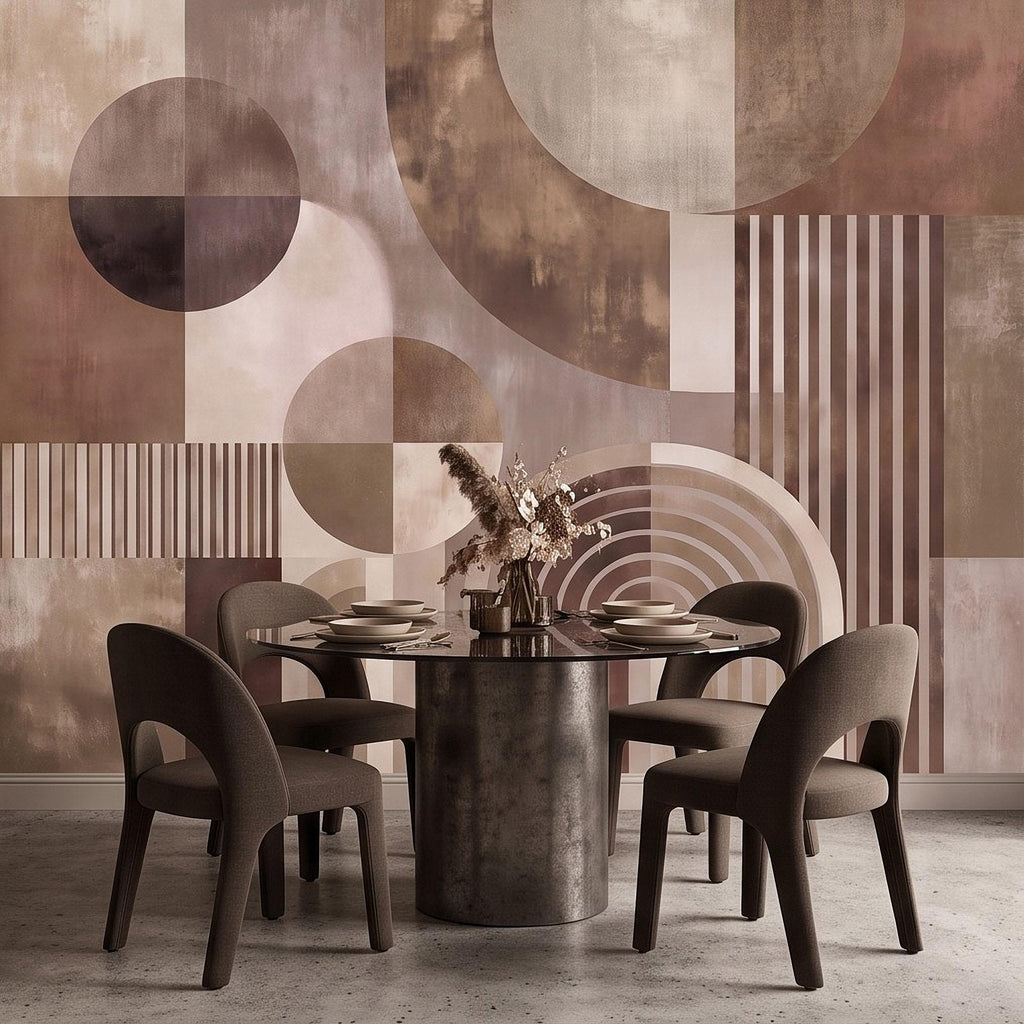 Abstract Geometric Peel and Stick Wall Mural, Neutral Brown Arches Circles Modern Mid Century Texture Wallpaper