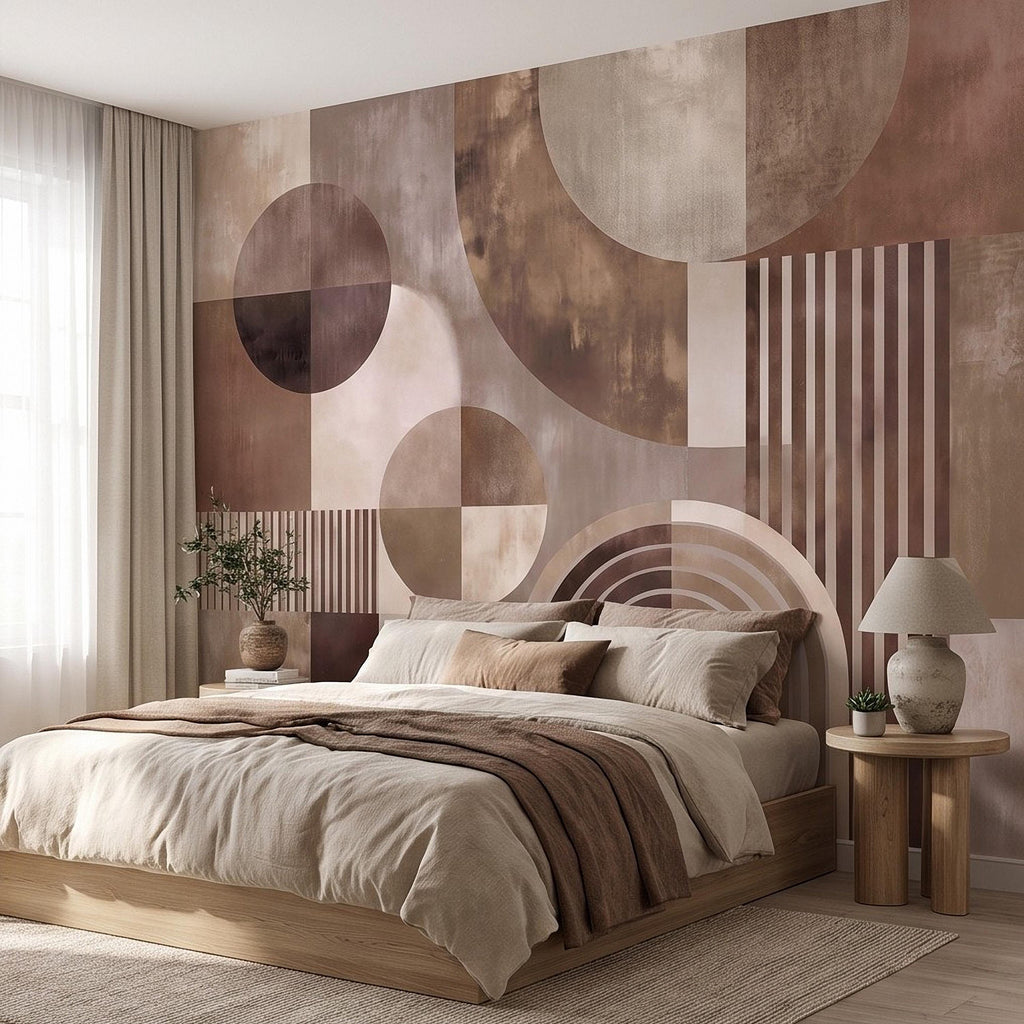 Abstract Geometric Peel and Stick Wall Mural, Neutral Brown Arches Circles Modern Mid Century Texture Wallpaper