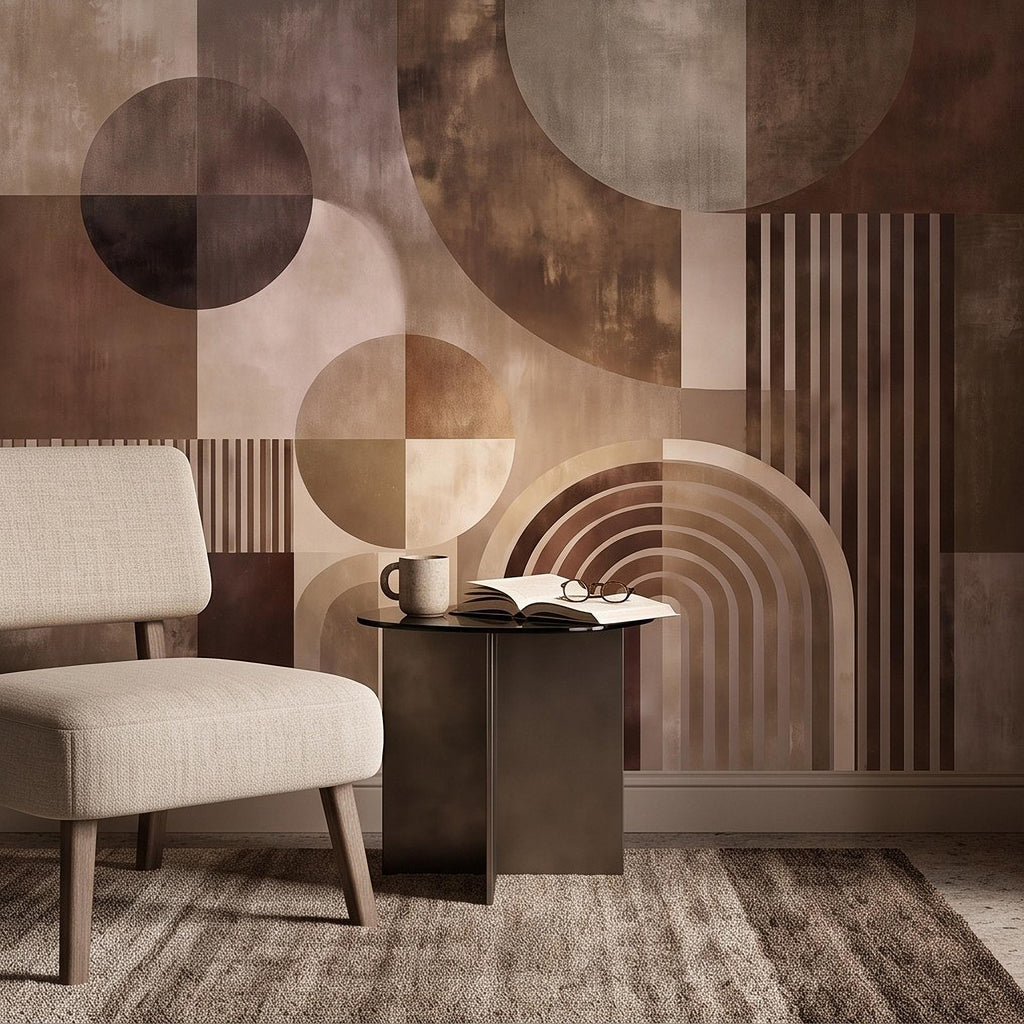 Abstract Geometric Peel and Stick Wall Mural, Neutral Brown Arches Circles Modern Mid Century Texture Wallpaper