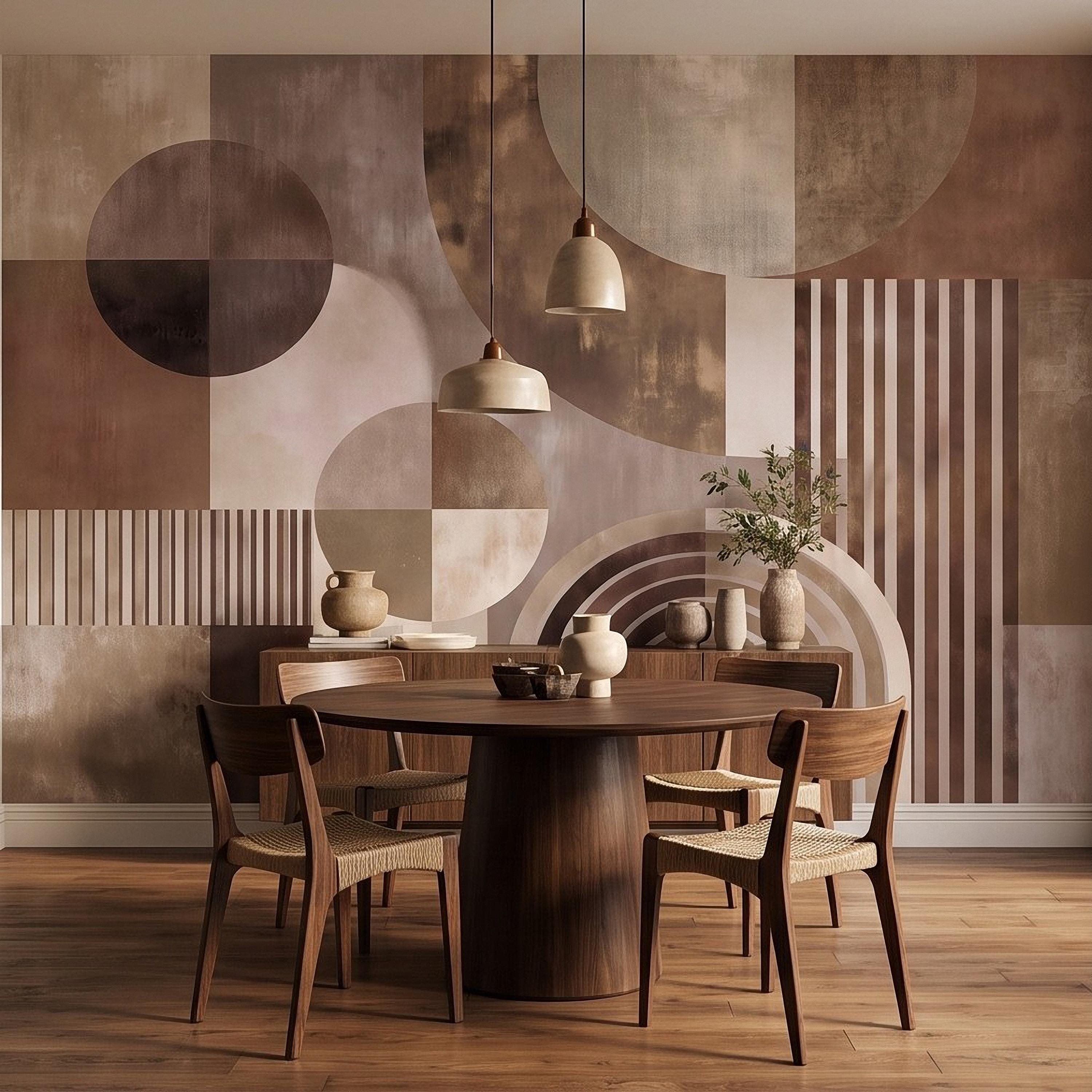 Abstract Geometric Peel and Stick Wall Mural, Neutral Brown Arches Circles Modern Mid Century Texture Wallpaper