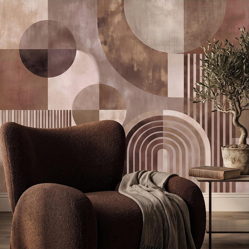 Abstract Geometric Peel and Stick Wall Mural, Neutral Brown Arches Circles Modern Mid Century Texture Wallpaper