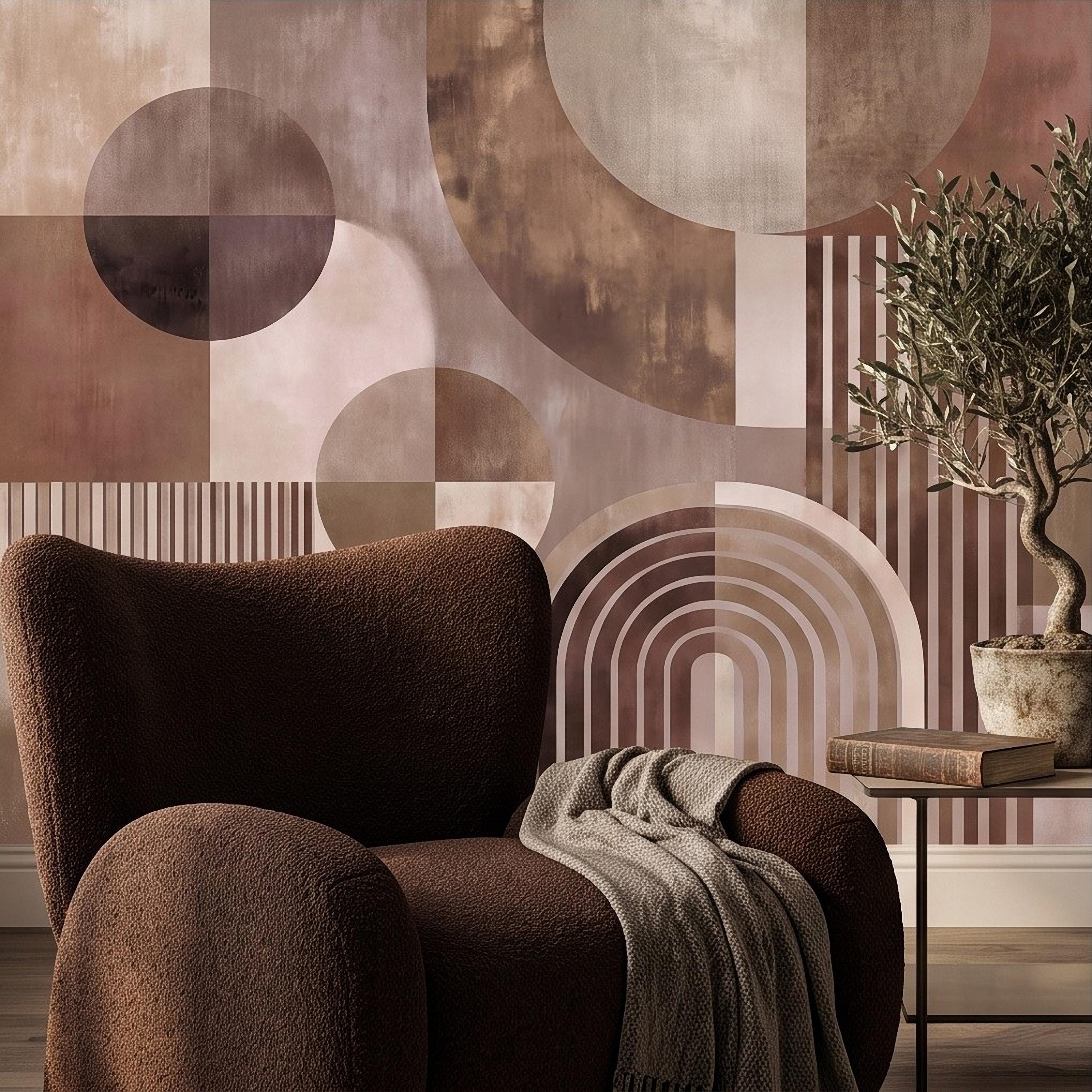 Abstract Geometric Peel and Stick Wall Mural, Neutral Brown Arches Circles Modern Mid Century Texture Wallpaper