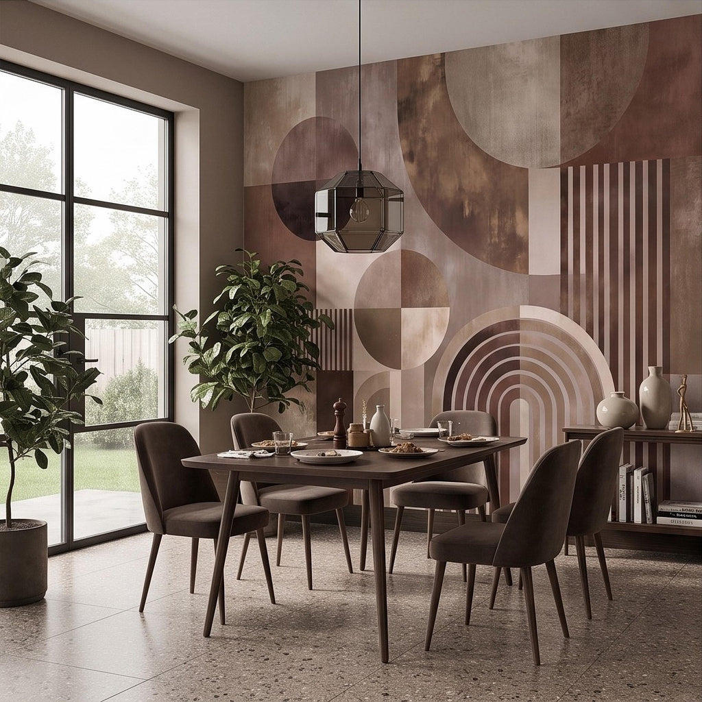 Abstract Geometric Peel and Stick Wall Mural, Neutral Brown Arches Circles Modern Mid Century Texture Wallpaper