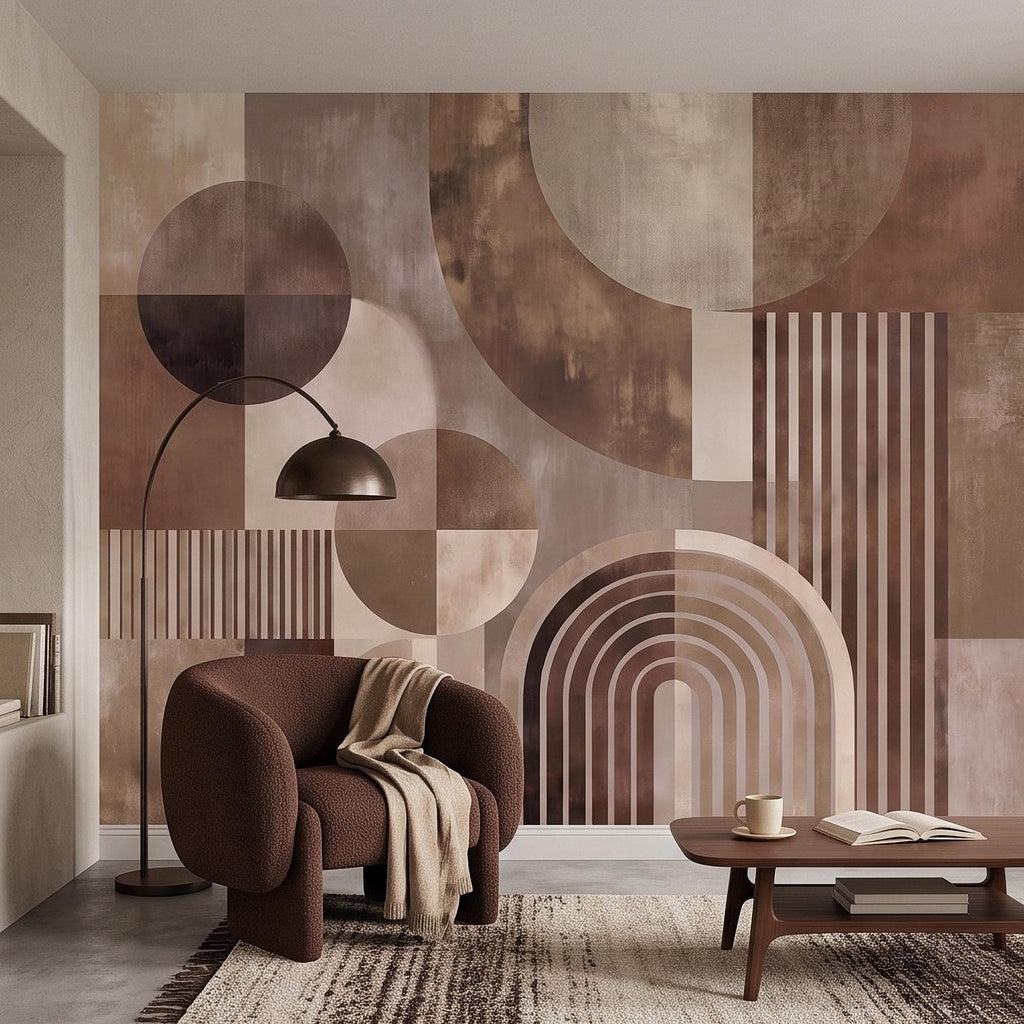 Abstract Geometric Peel and Stick Wall Mural, Neutral Brown Arches Circles Modern Mid Century Texture Wallpaper